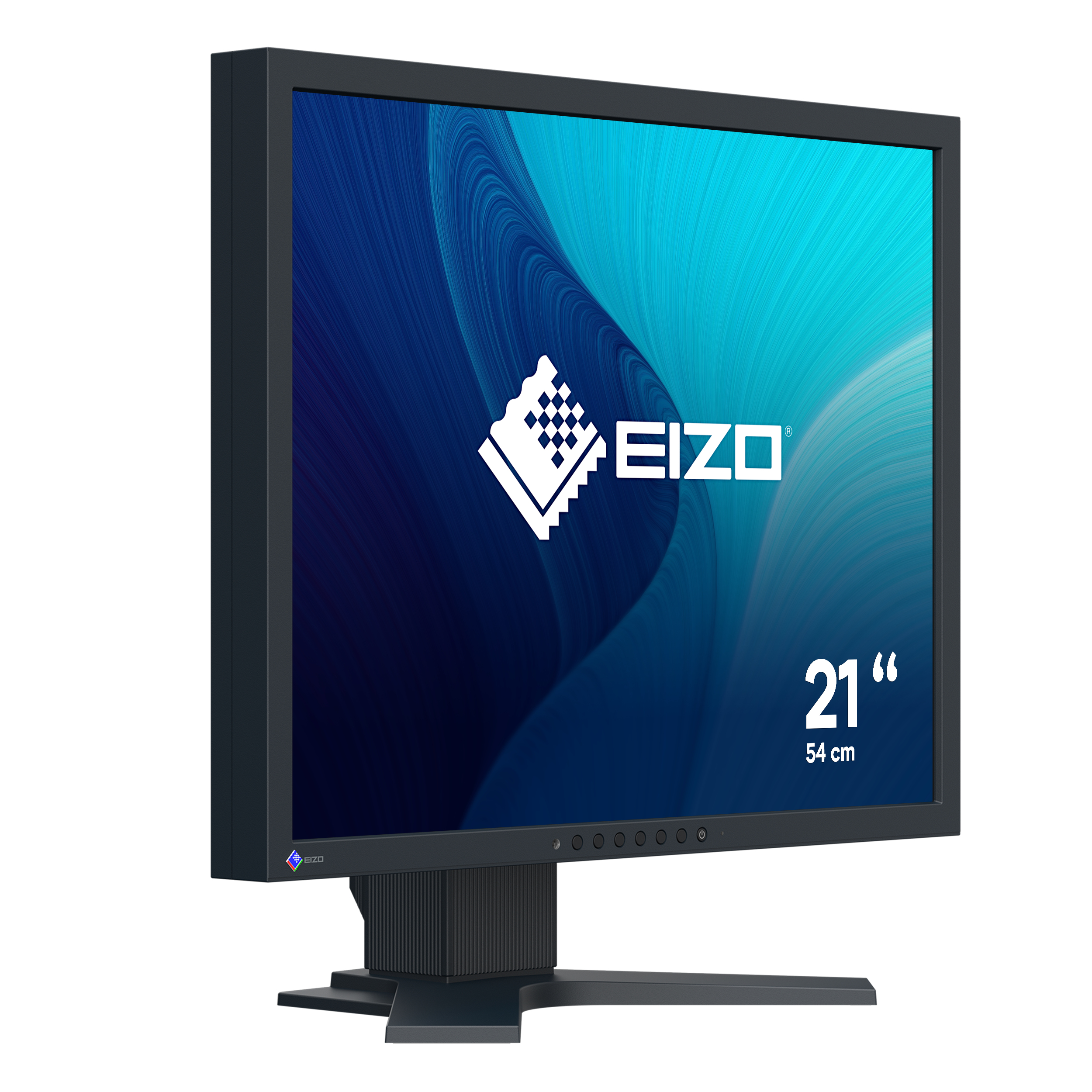 Eizo Monitor. Der Bildschirm zeigt ein blau-weißes abstraktes Design. Der Monitor ist schwarz.