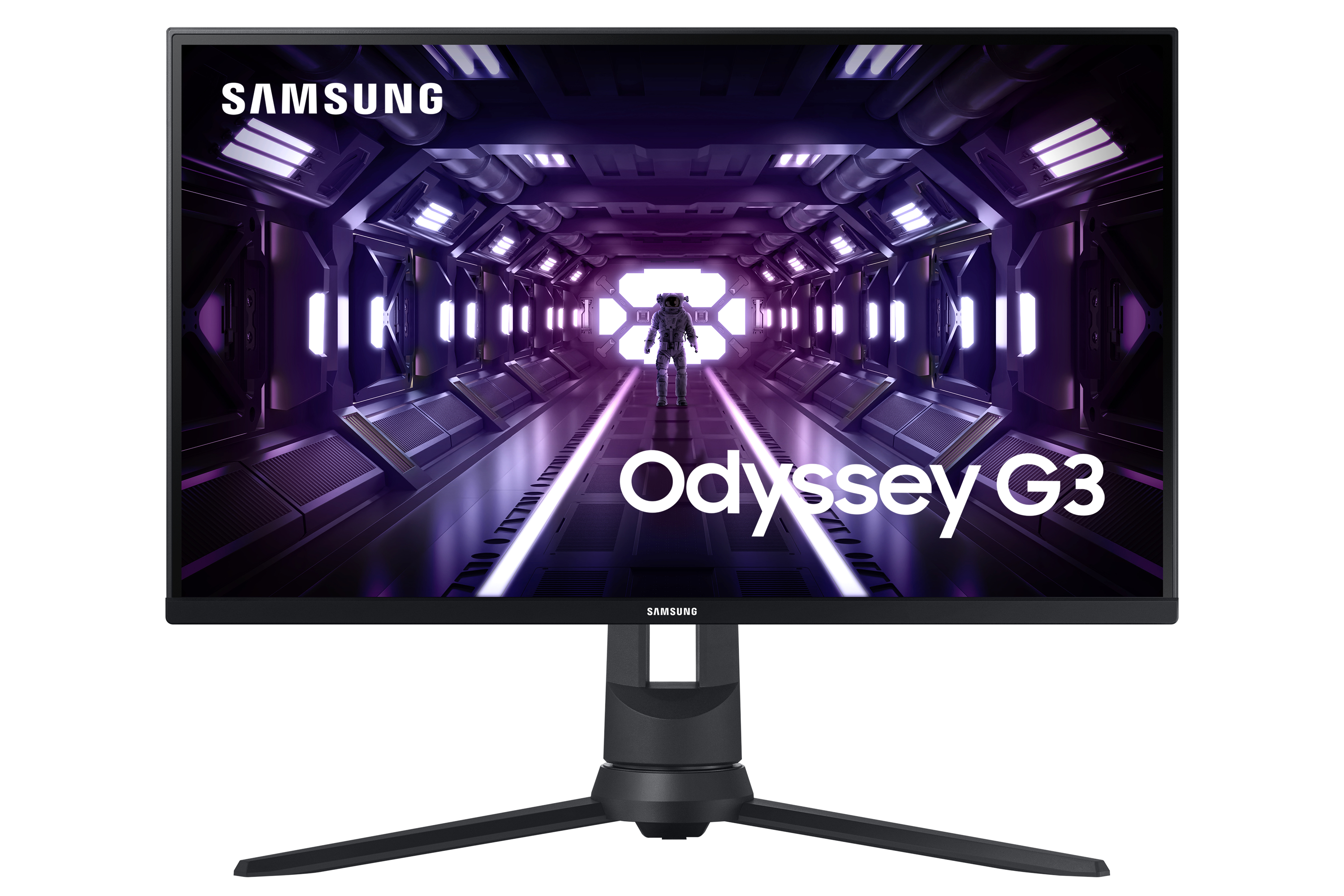 Un monitor Samsung Odyssey G3 muestra una escena de juego futurista con una figura central.
