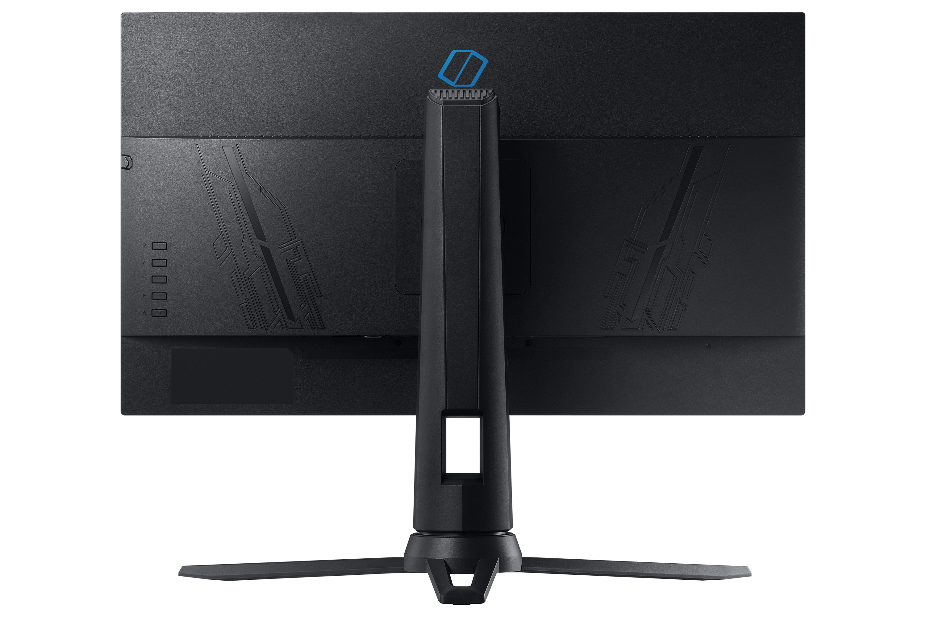 Parte trasera de un monitor negro con soporte, logo azul y líneas decorativas.