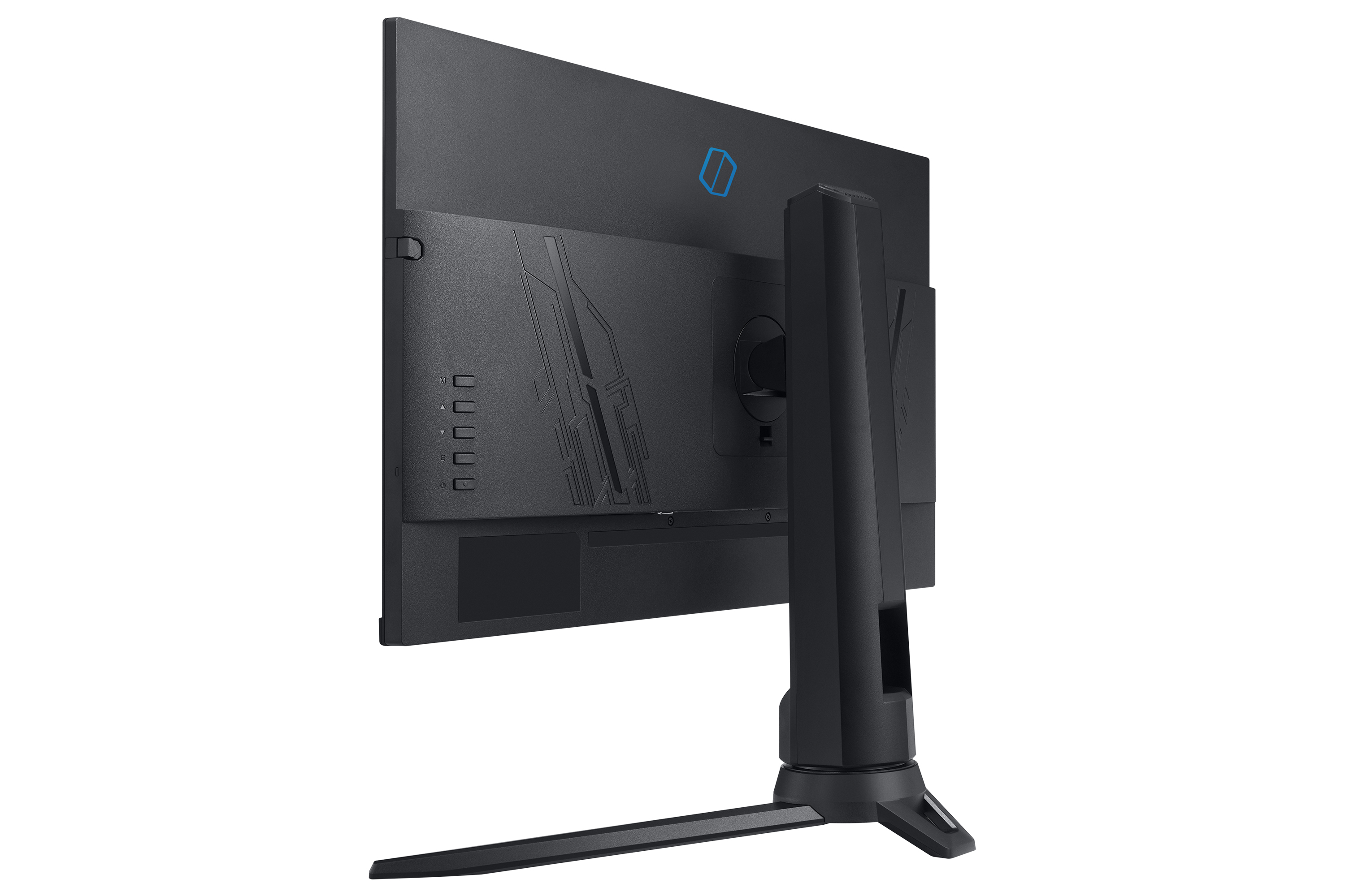 Vista trasera de un monitor negro. Tiene un soporte negro con un diseño único, sobre un fondo blanco.