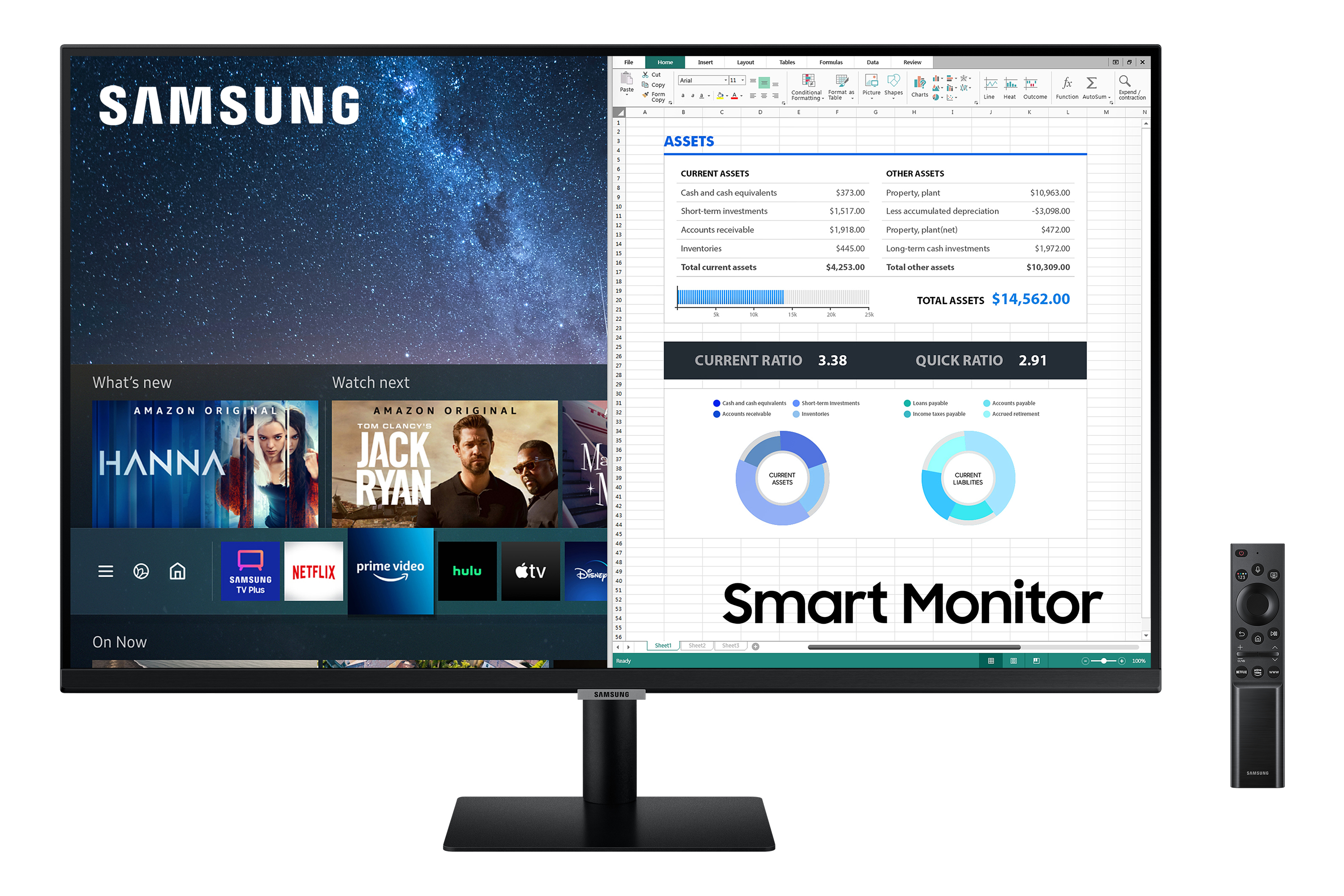 Un Samsung Smart Monitor mostra uno schermo diviso: video in streaming e un foglio di calcolo. Un telecomando è appoggiato sotto.