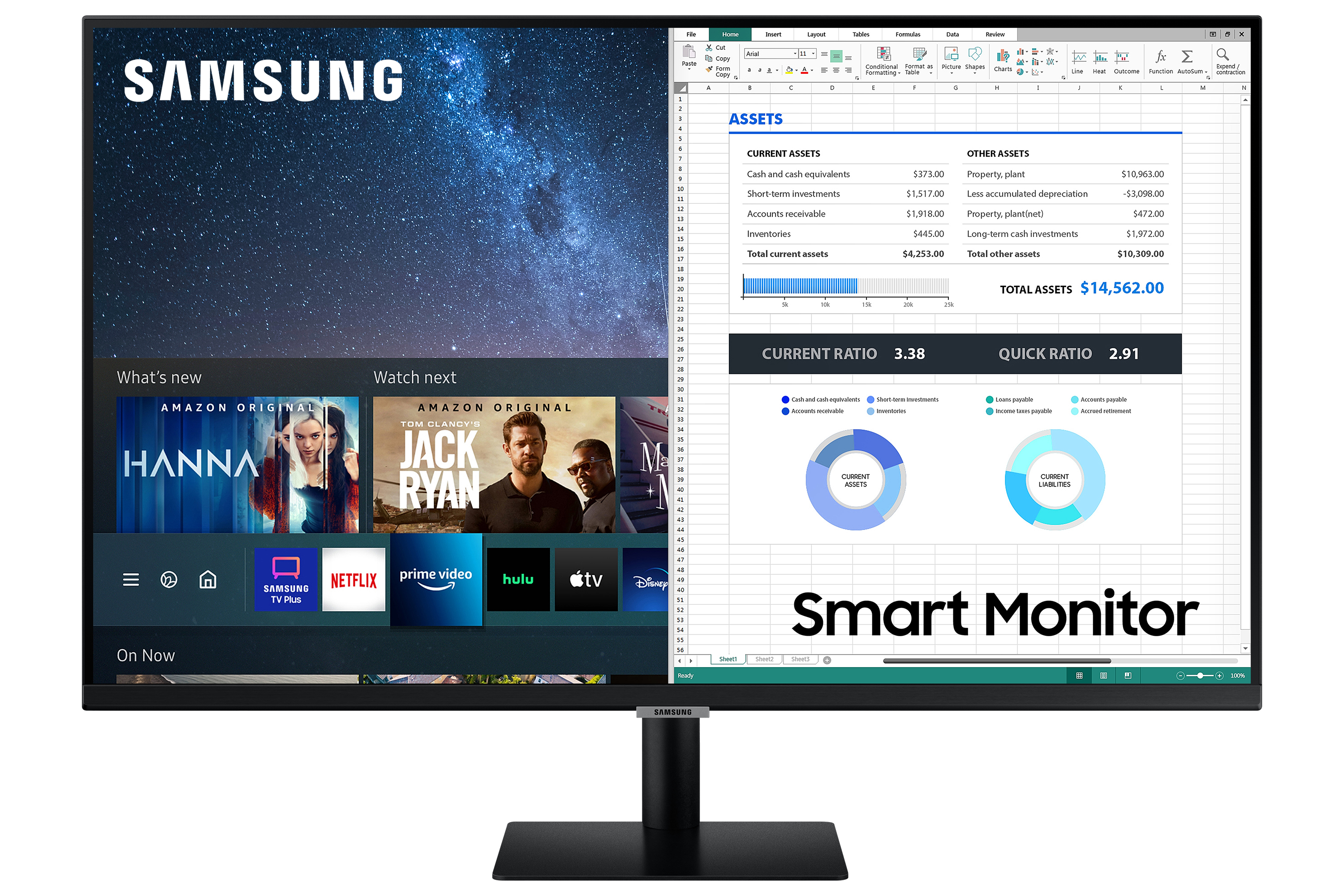 Un monitor smart mostra uno schermo diviso: uno schermo TV e un foglio di calcolo.