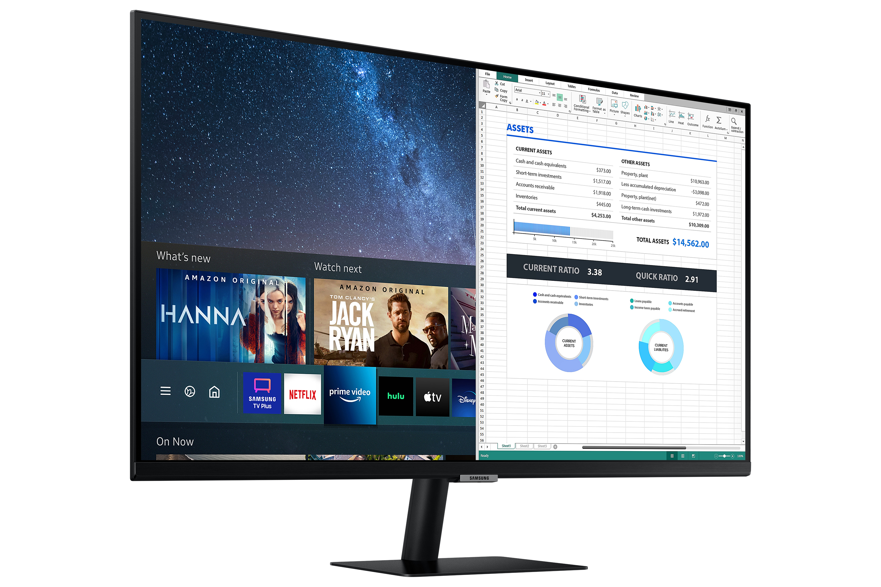 Un monitor che mostra uno schermo diviso. Un lato mostra streaming, l'altro un foglio di calcolo.
