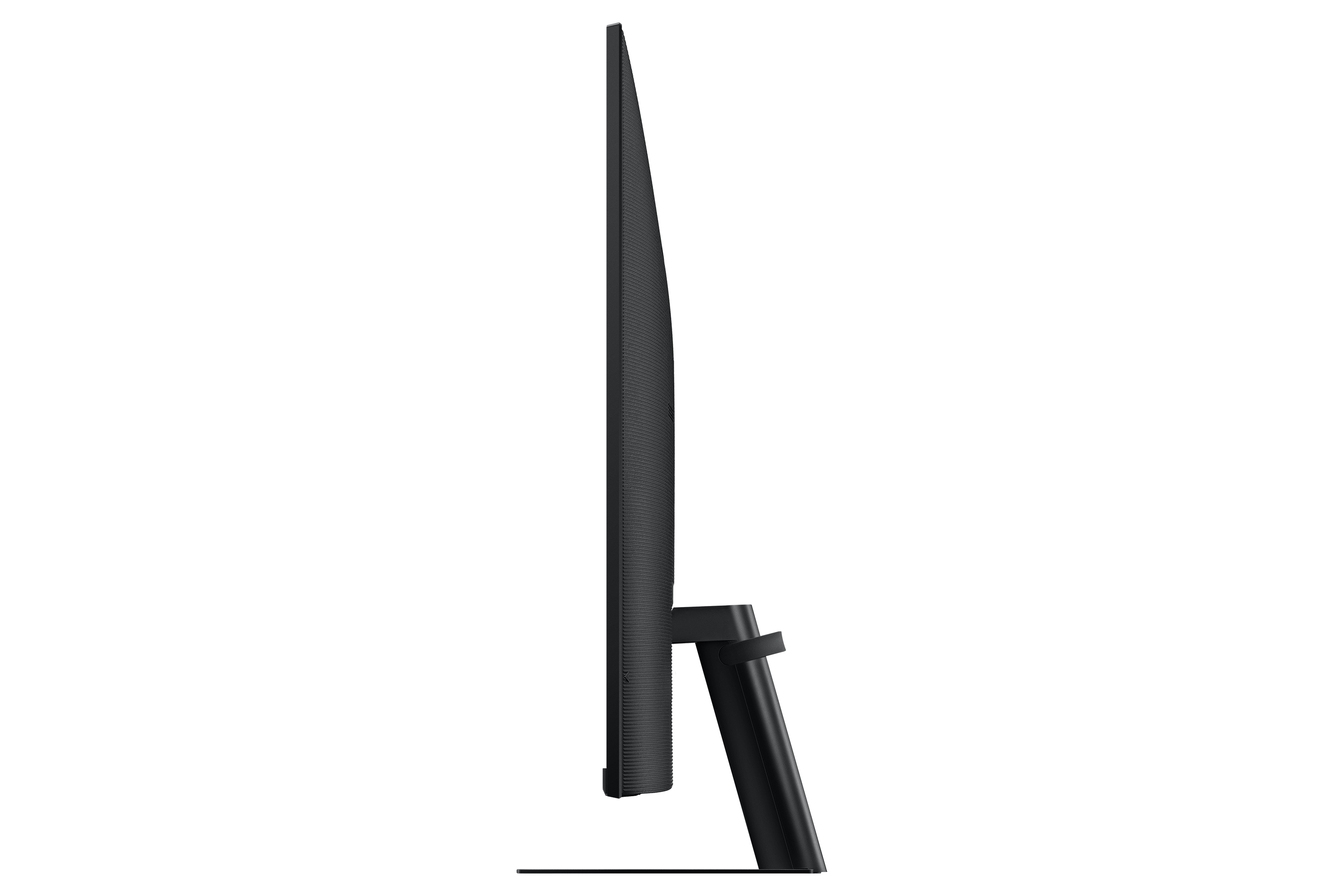 Vista laterale di un monitor per computer nero con supporto. Lo schermo è scuro e sottile.