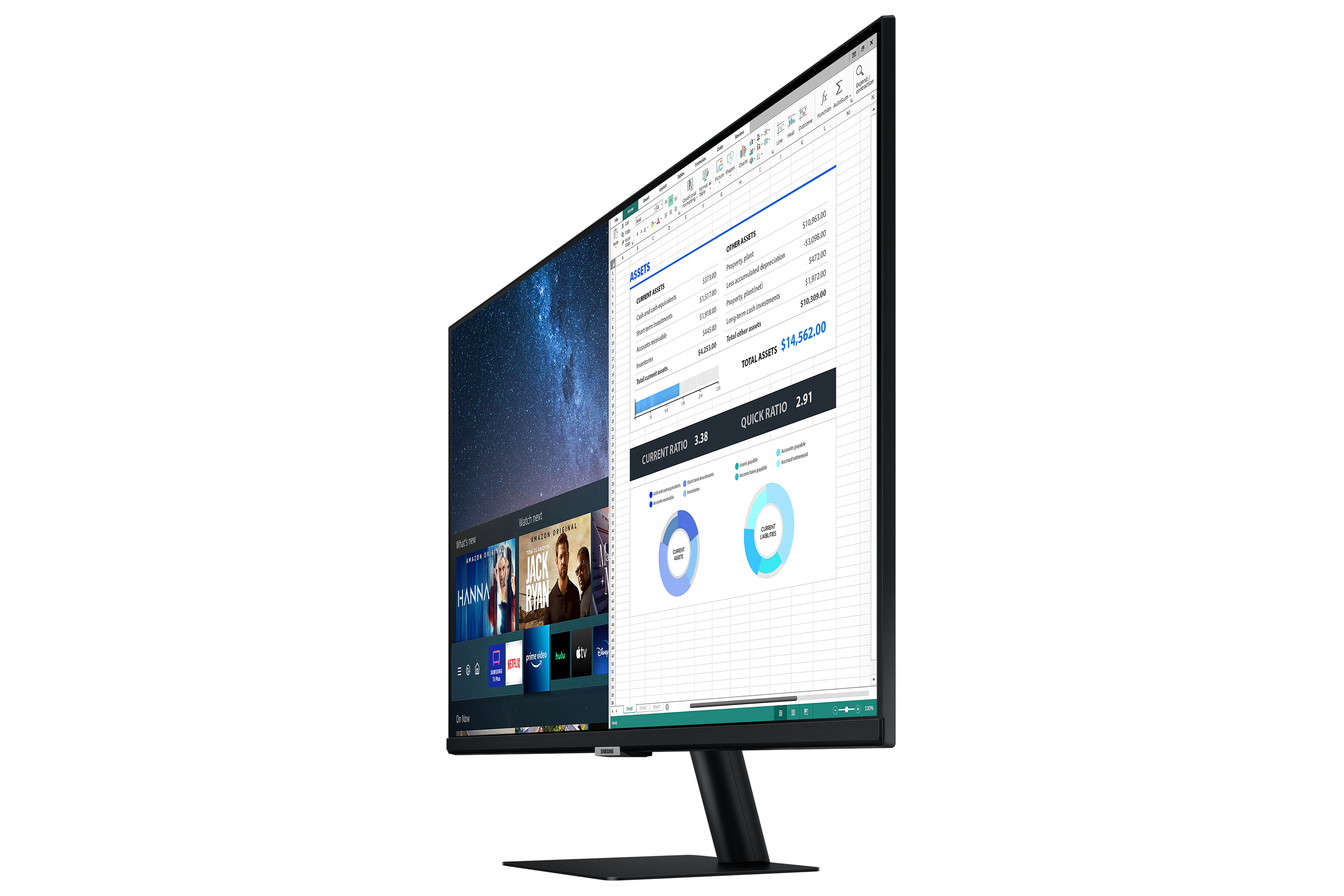 Un monitor che mostra uno schermo diviso con fogli di calcolo e un servizio di streaming video.