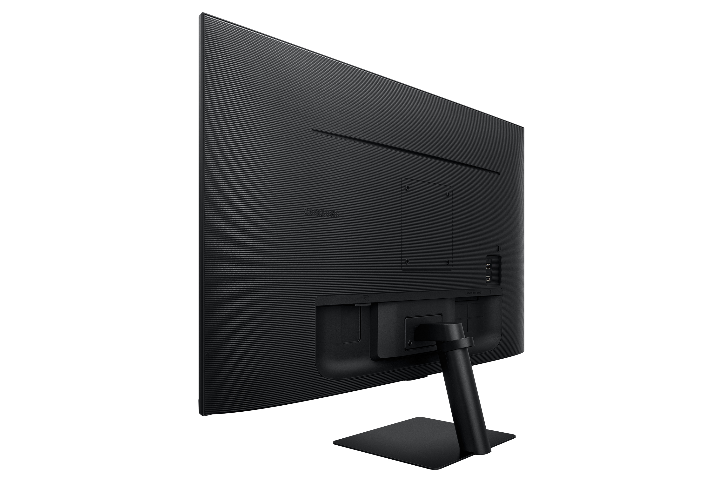 Vista posteriore del monitor nero. Logo Samsung e porte visibili. Sfondo bianco.