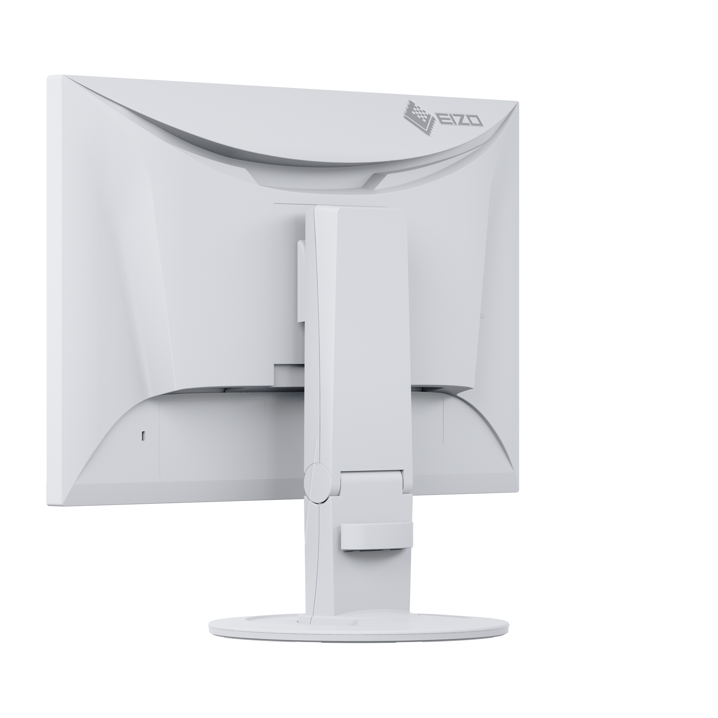 EIZO Monitor, weiß, Rückansicht, weißer Ständer, weißer Hintergrund, Logo oben.