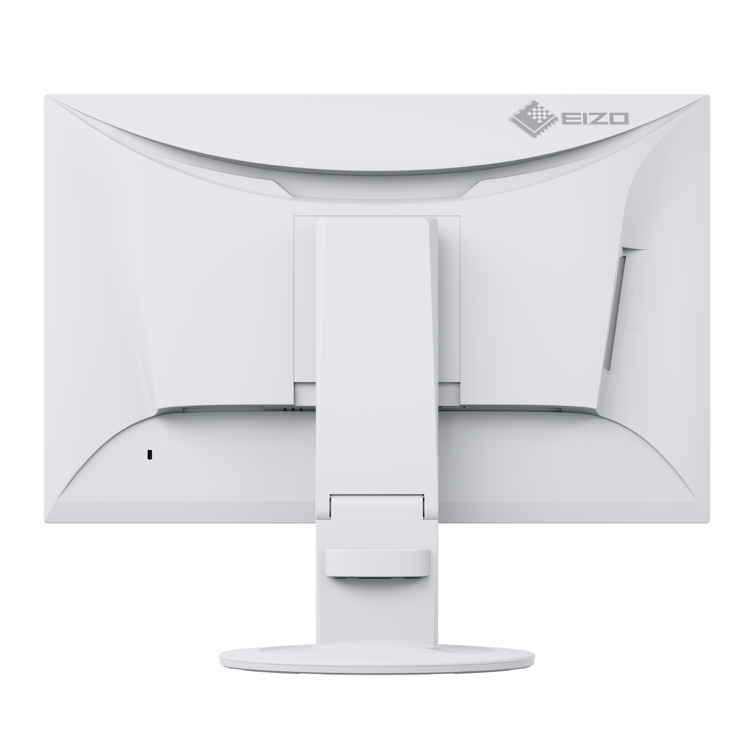 Rückansicht eines weißen Monitors. Er hat einen Ständer, eine zentrale Halterung und ein Logo oben.
