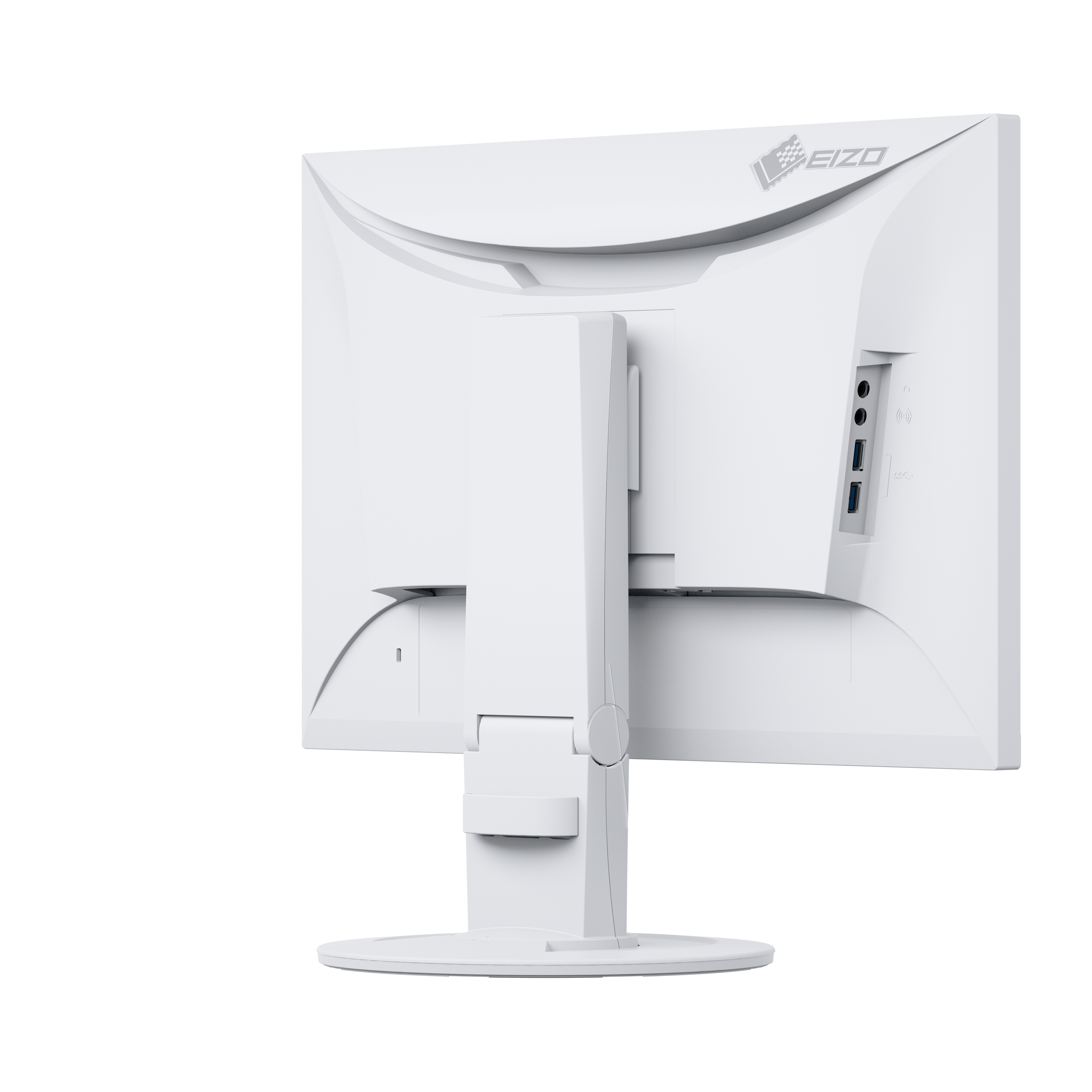 Rückseite eines weißen Monitors mit Ständer. Hat Anschlüsse und EIZO-Logo. Der Fokus liegt auf der Rückseite.