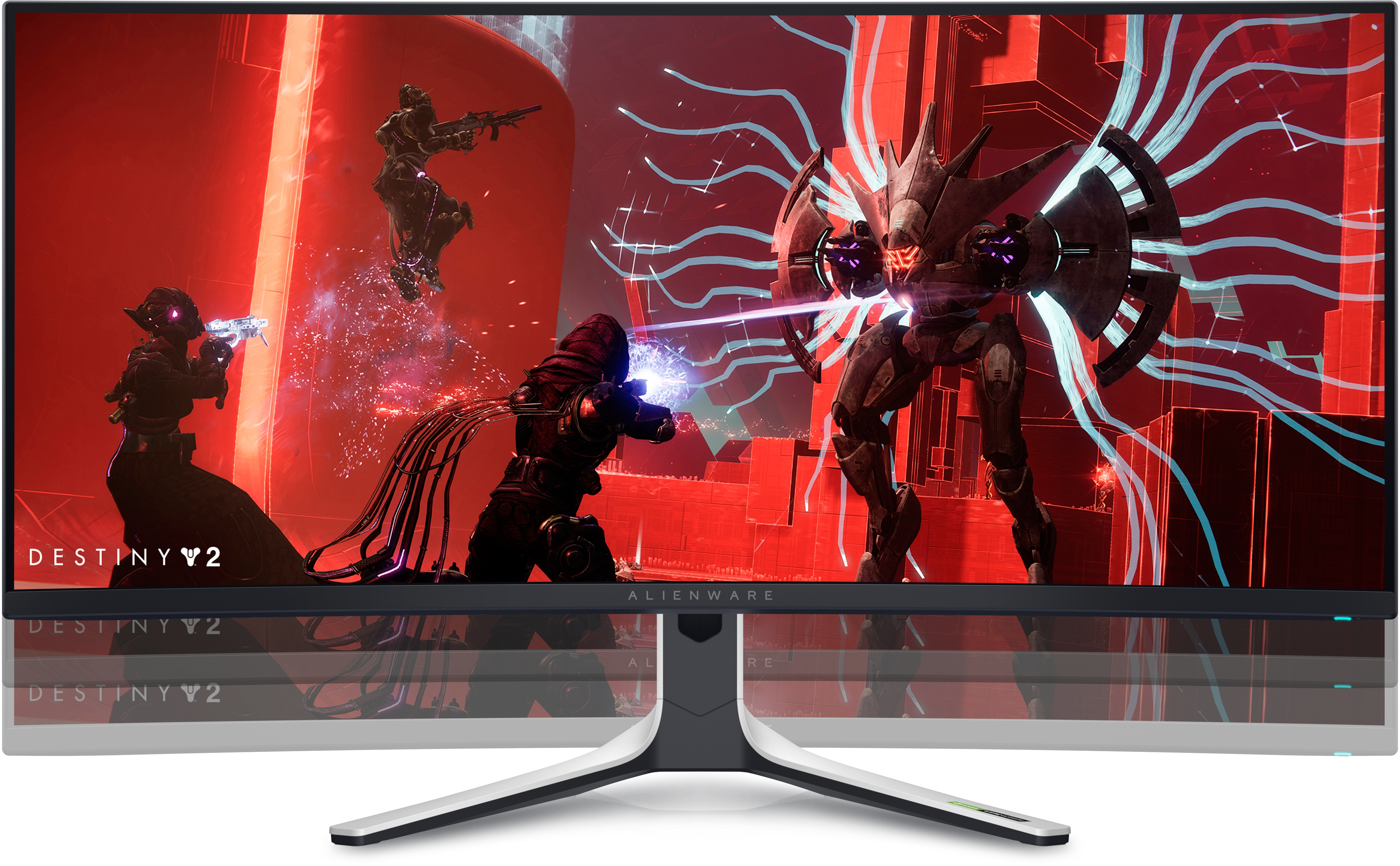 Monitor curvo con scena videogioco, personaggi e ambientazione futuristica.