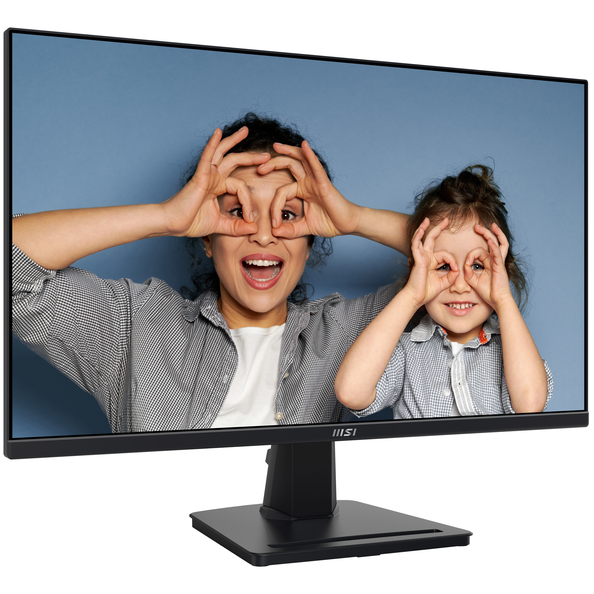 MSI monitor displaying a woman and child making eye gestures with hands.