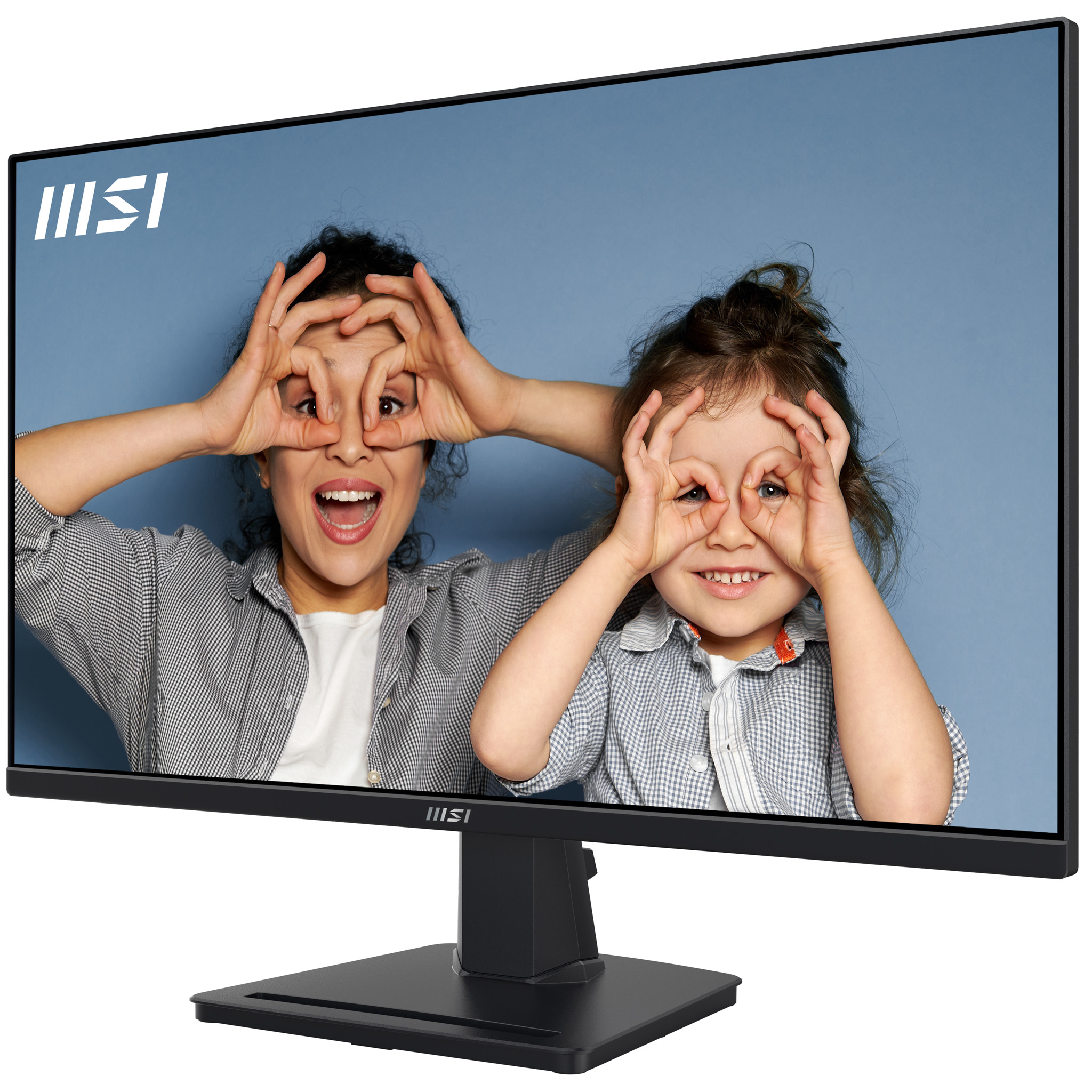 A monitor displays a woman and a child making eye shapes with their fingers.