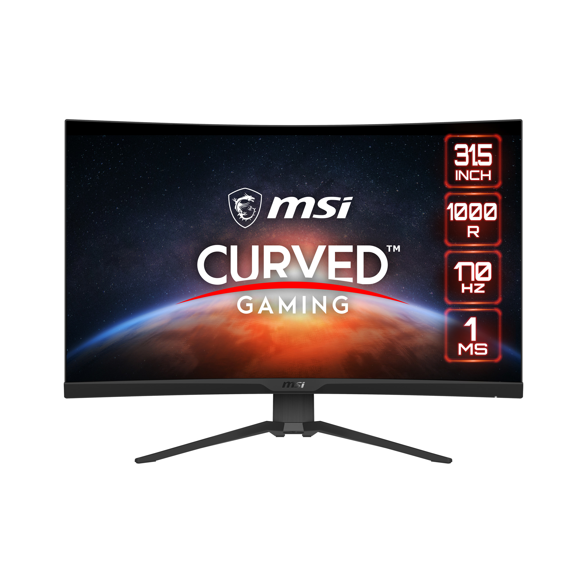 Monitor gaming curvo MSI che mostra testo e numeri. Lo schermo mostra una scena spaziale.