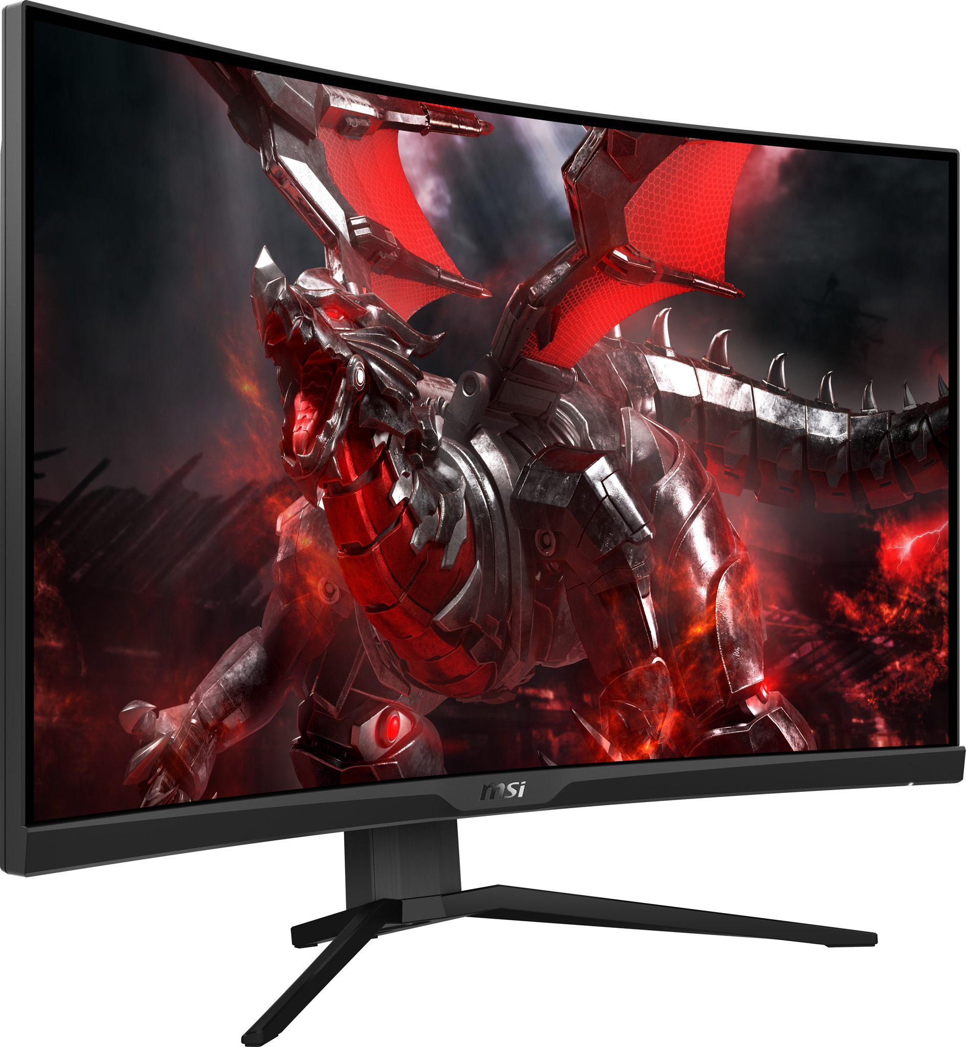 Monitor curvo che mostra un'immagine a tema drago. Logo MSI in basso, cornice nera.