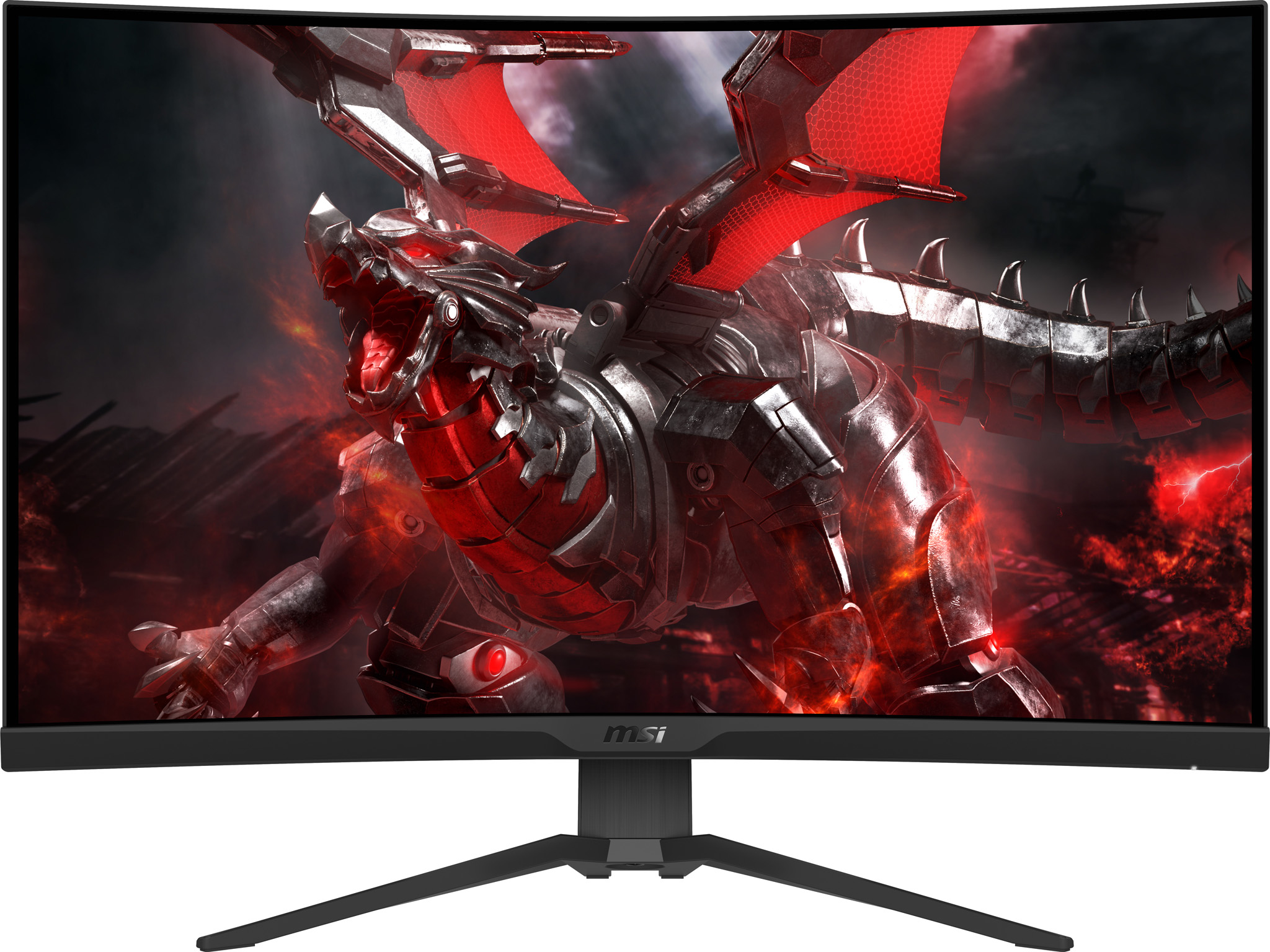 Un monitor da gioco MSI curvo che mostra un'illustrazione di un drago.