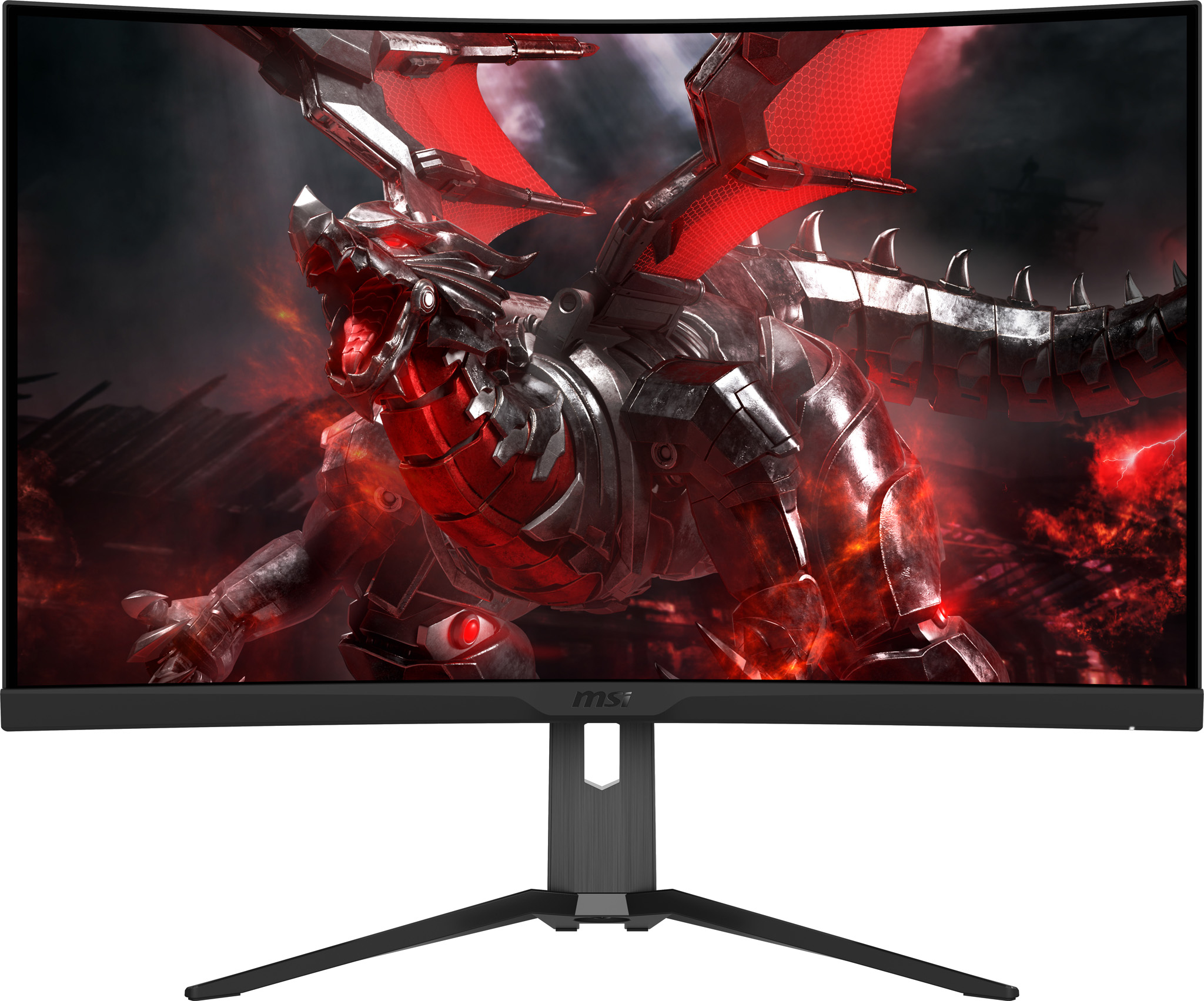 Monitor curvo MSI con drago, scena infuocata, supporto nero e dettagli rossi.