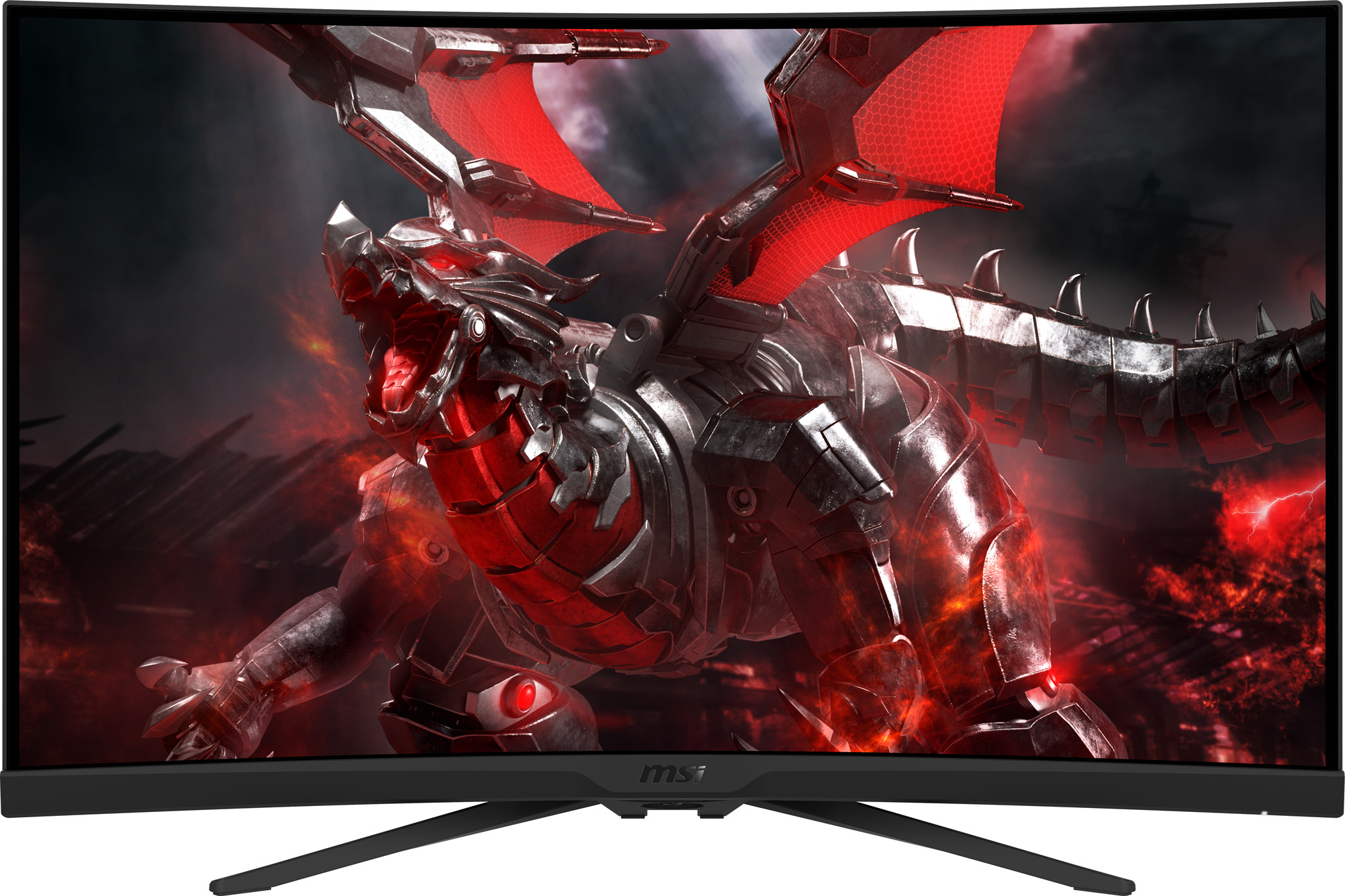 Un monitor curvo che mostra un drago in una scena infuocata e piena di azione.