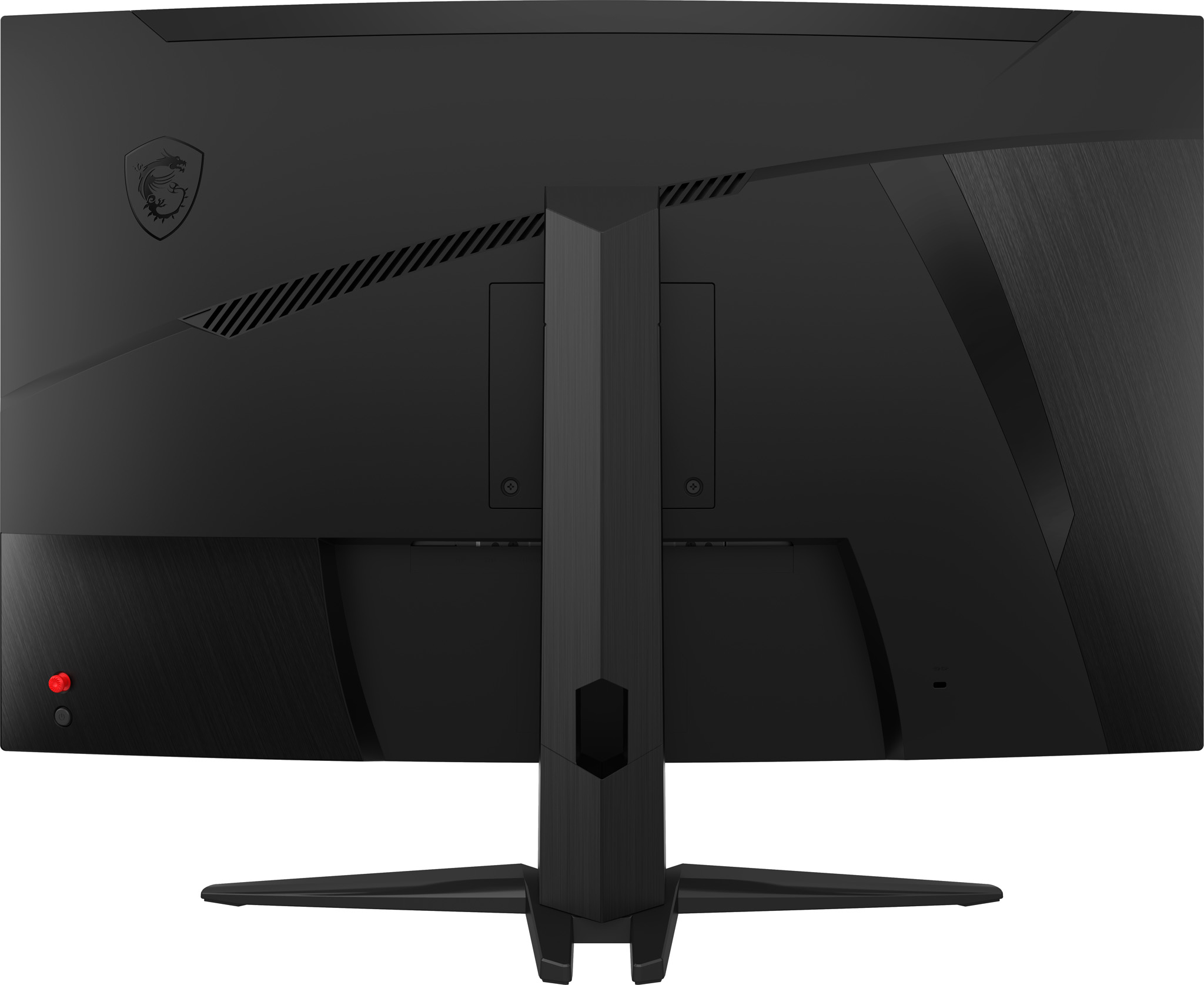 Retro di un monitor MSI nero con logo MSI e supporto. Diverse porte sono visibili.