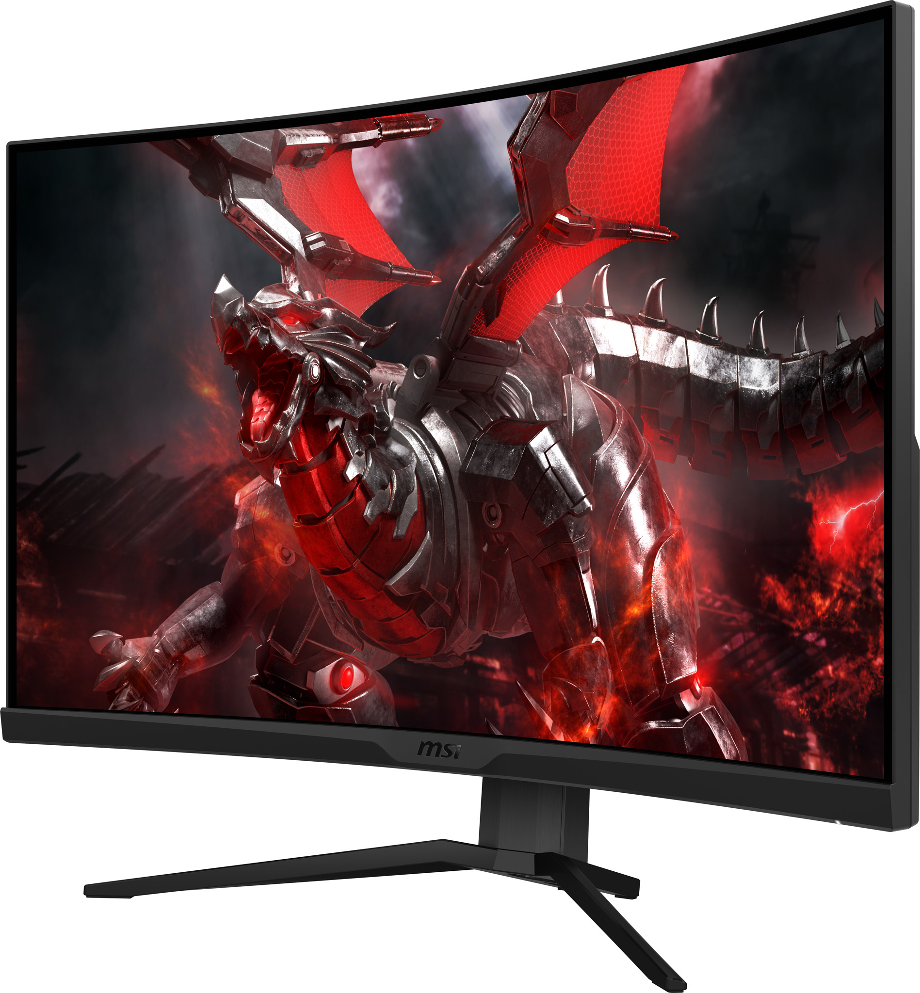 Monitor da gioco curvo che mostra un drago. È nero con accenti rossi e un supporto nero.
