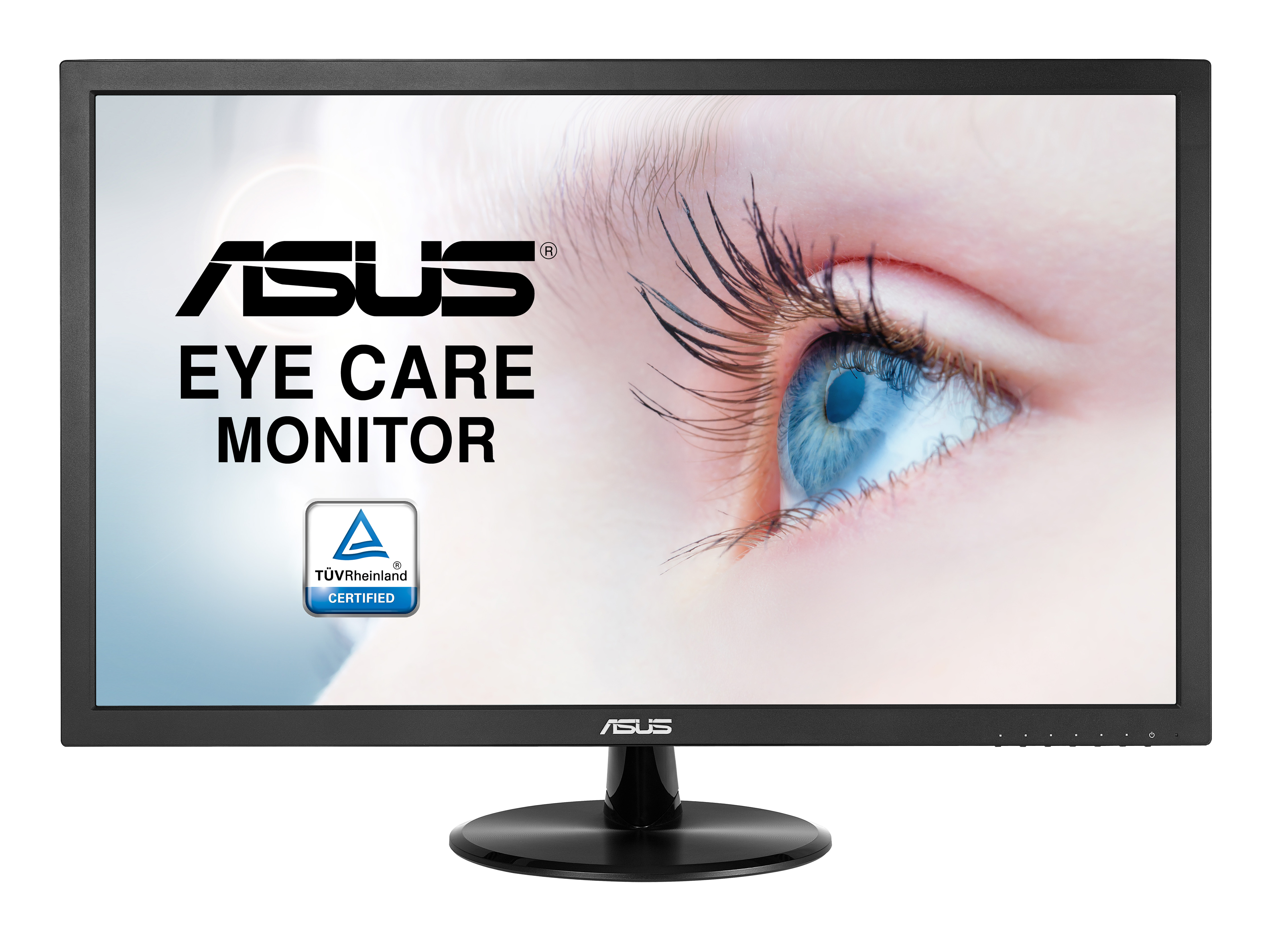 Un monitor ASUS Eye Care mostra un primo piano di un occhio. Il monitor ha un logo ASUS e un logo TÜV Rheinland.