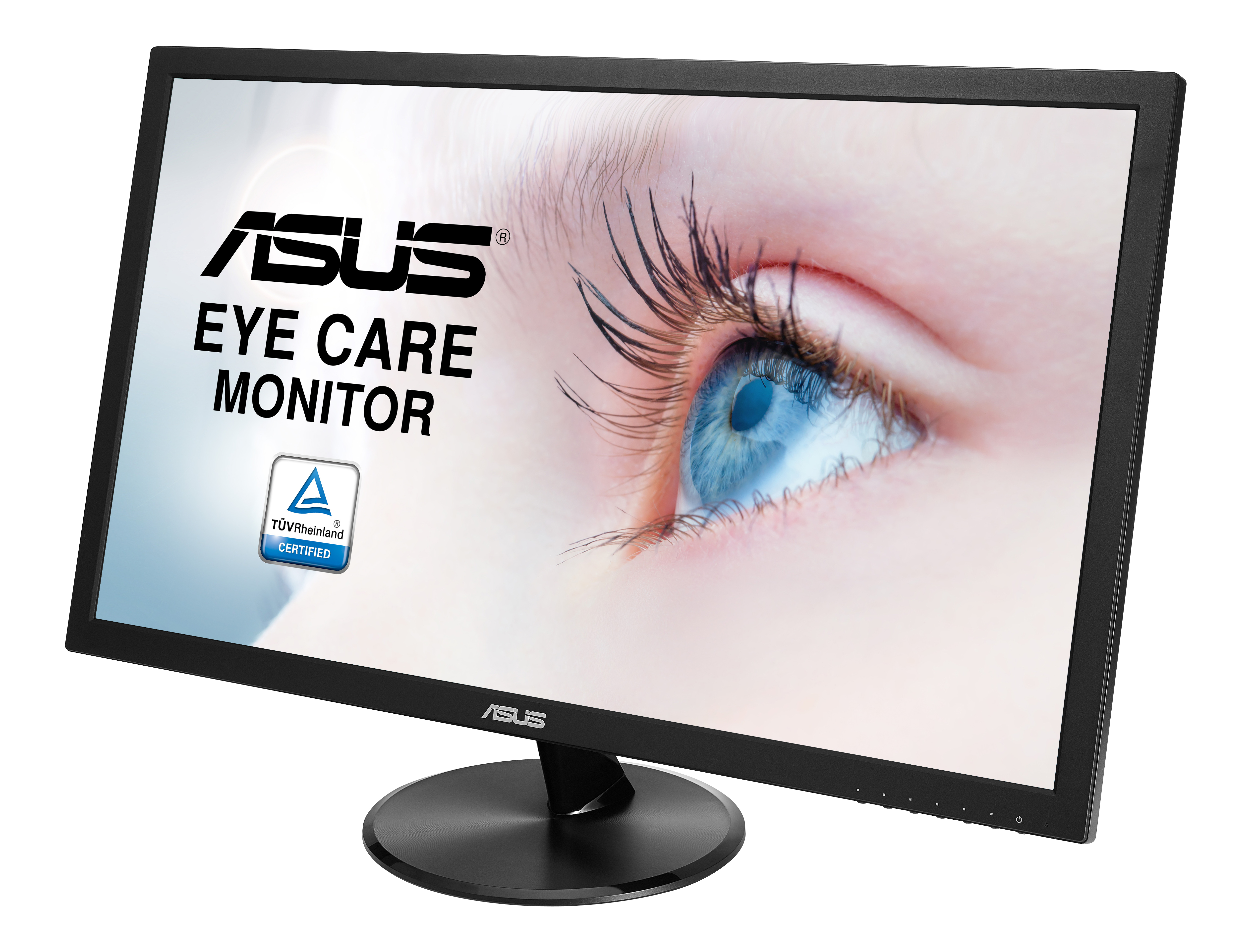 Monitor ASUS con un'immagine di un occhio sullo schermo. Il monitor è su sfondo bianco.