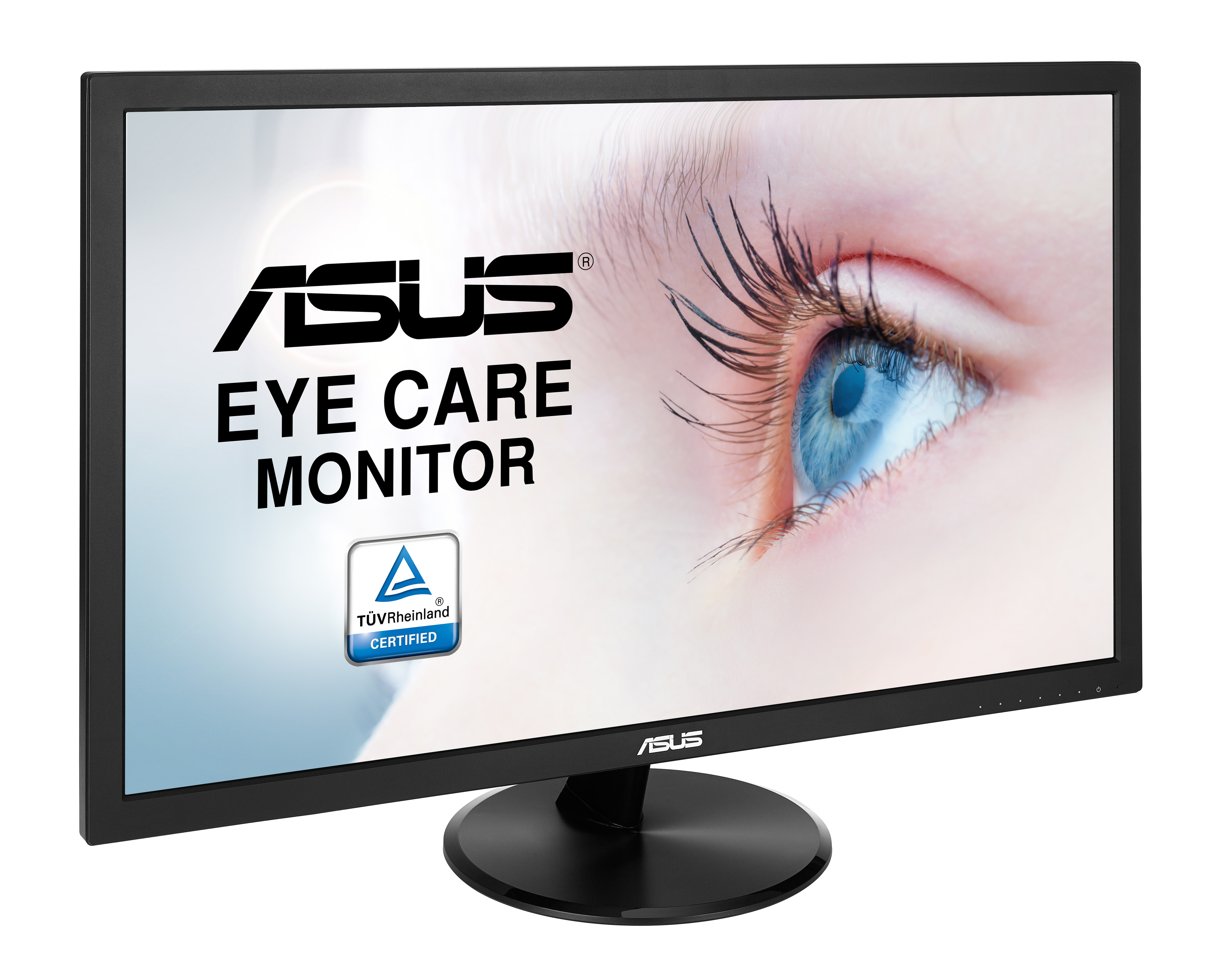 Un monitor ASUS Eye Care mostra un primo piano di un occhio blu sullo schermo, con il nome del marchio.