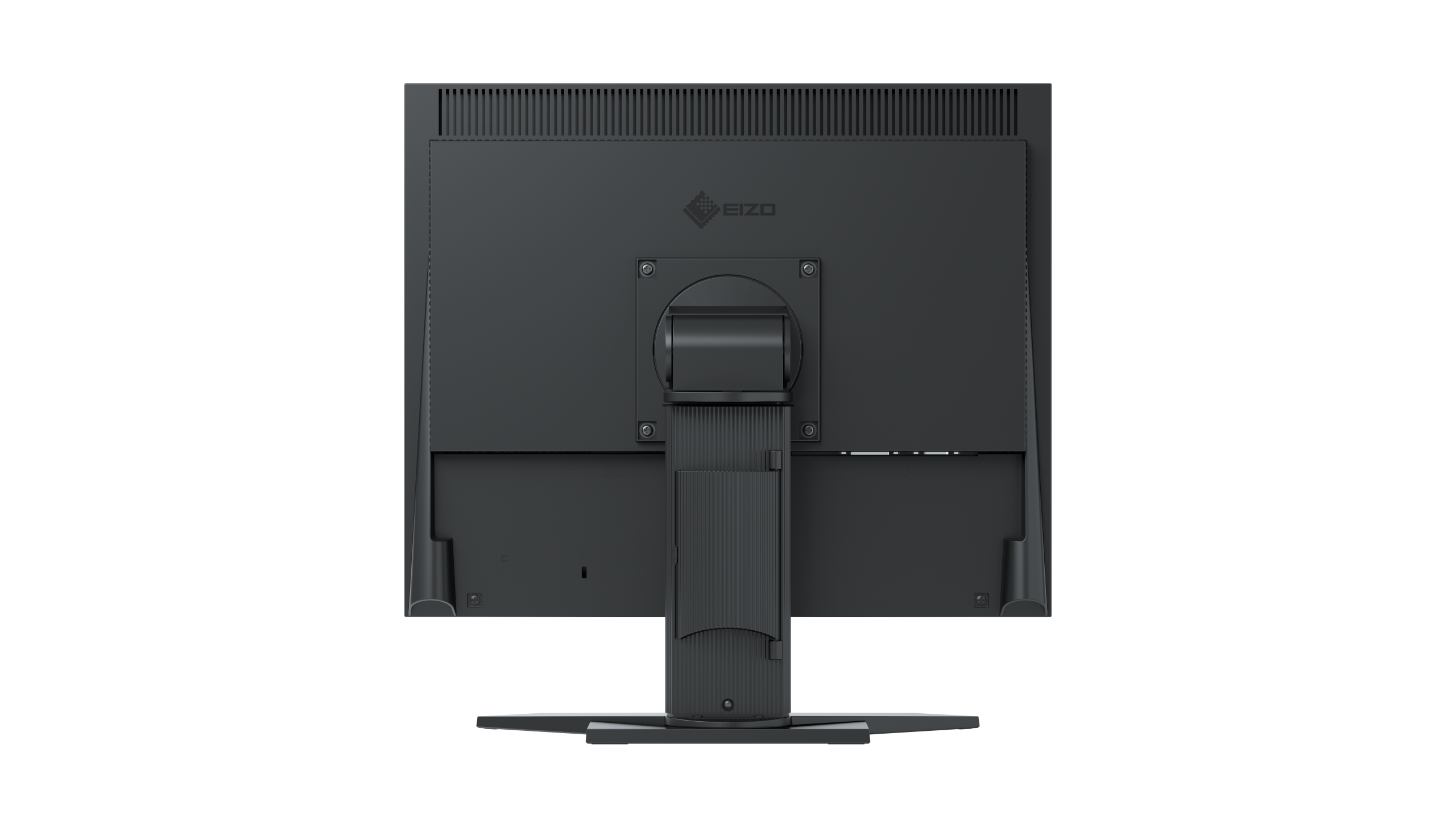 Rückansicht eines schwarzen EIZO-Monitors. Das EIZO-Logo ist oben mittig sichtbar. Der Ständer trägt den Monitor.