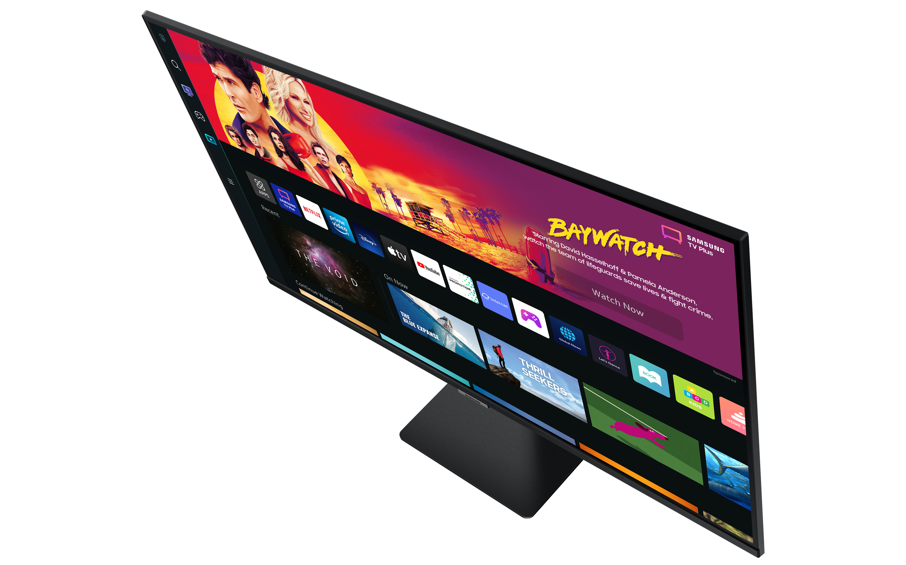 Un TV Samsung che mostra un'interfaccia di servizi di streaming con varie opzioni di film.
