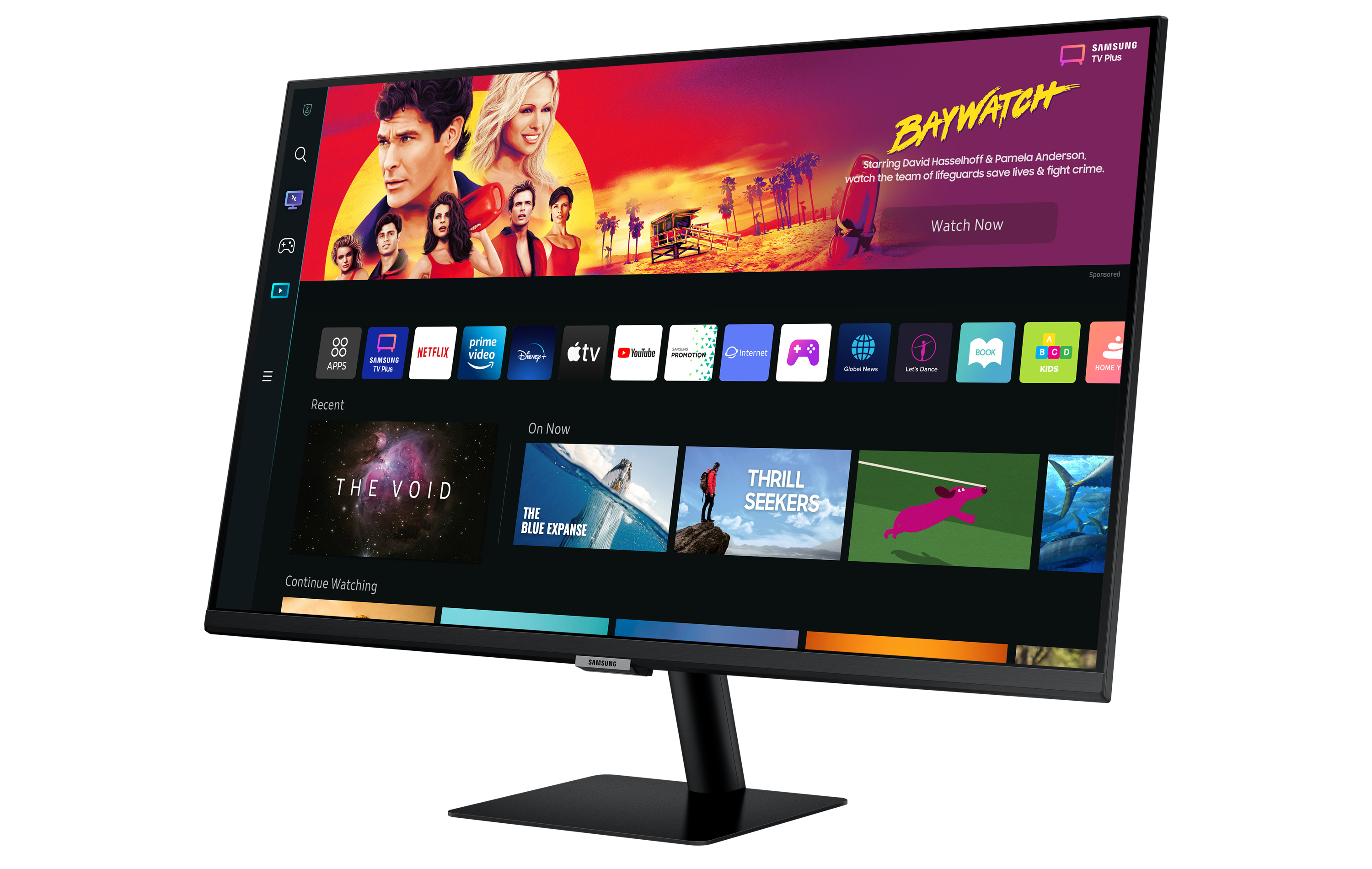 Monitor a schermo piatto che mostra un'interfaccia di servizio di streaming con film e programmi TV.