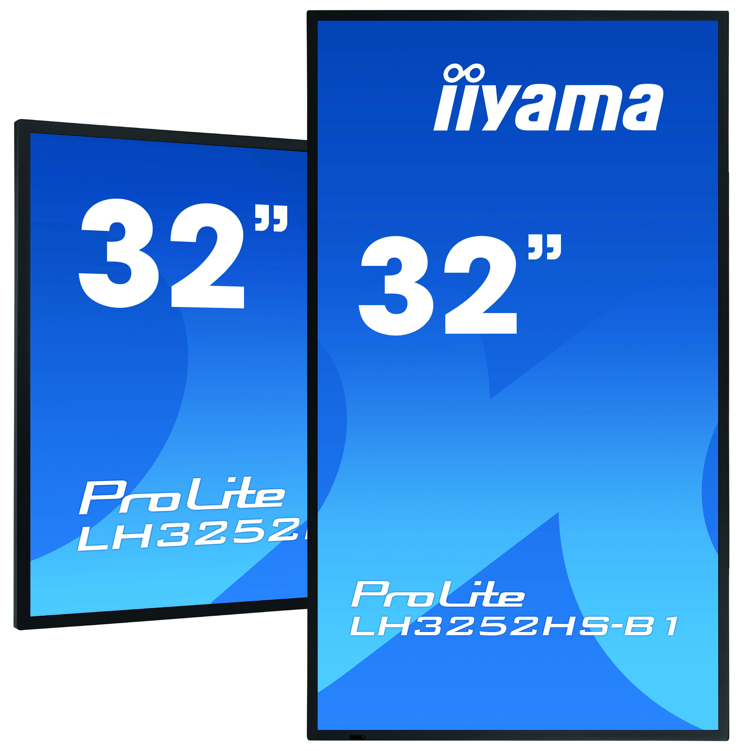 Zwei Monitore, einer schwarz, einer blau, mit Text '32"' und 'ProLite'.