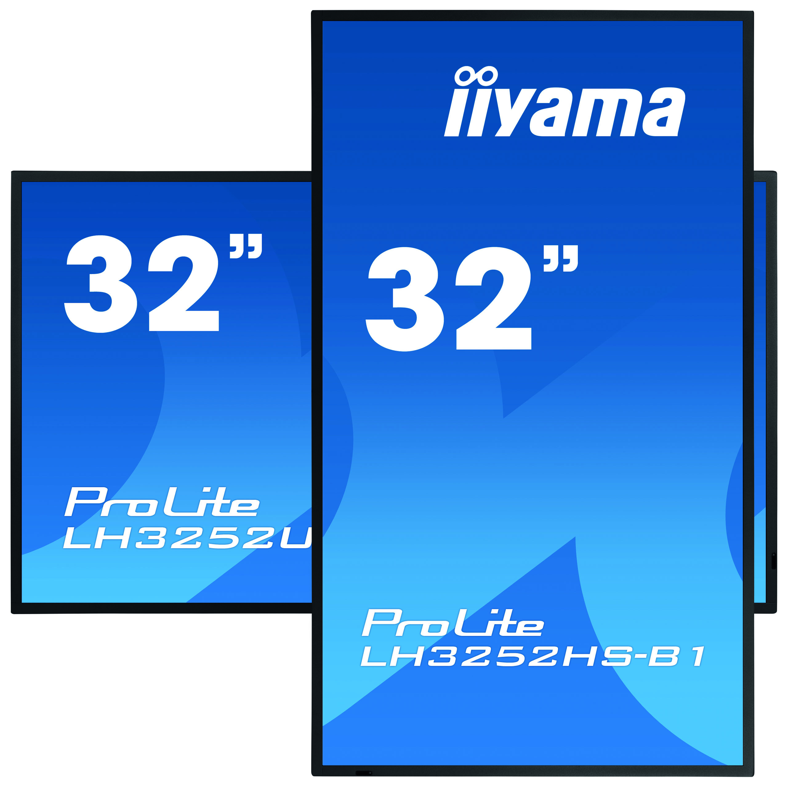 Drei 32-Zoll-iiyama ProLite-Monitore mit blau-weißen Textetiketten. Die Monitore haben einen schwarzen Rahmen.