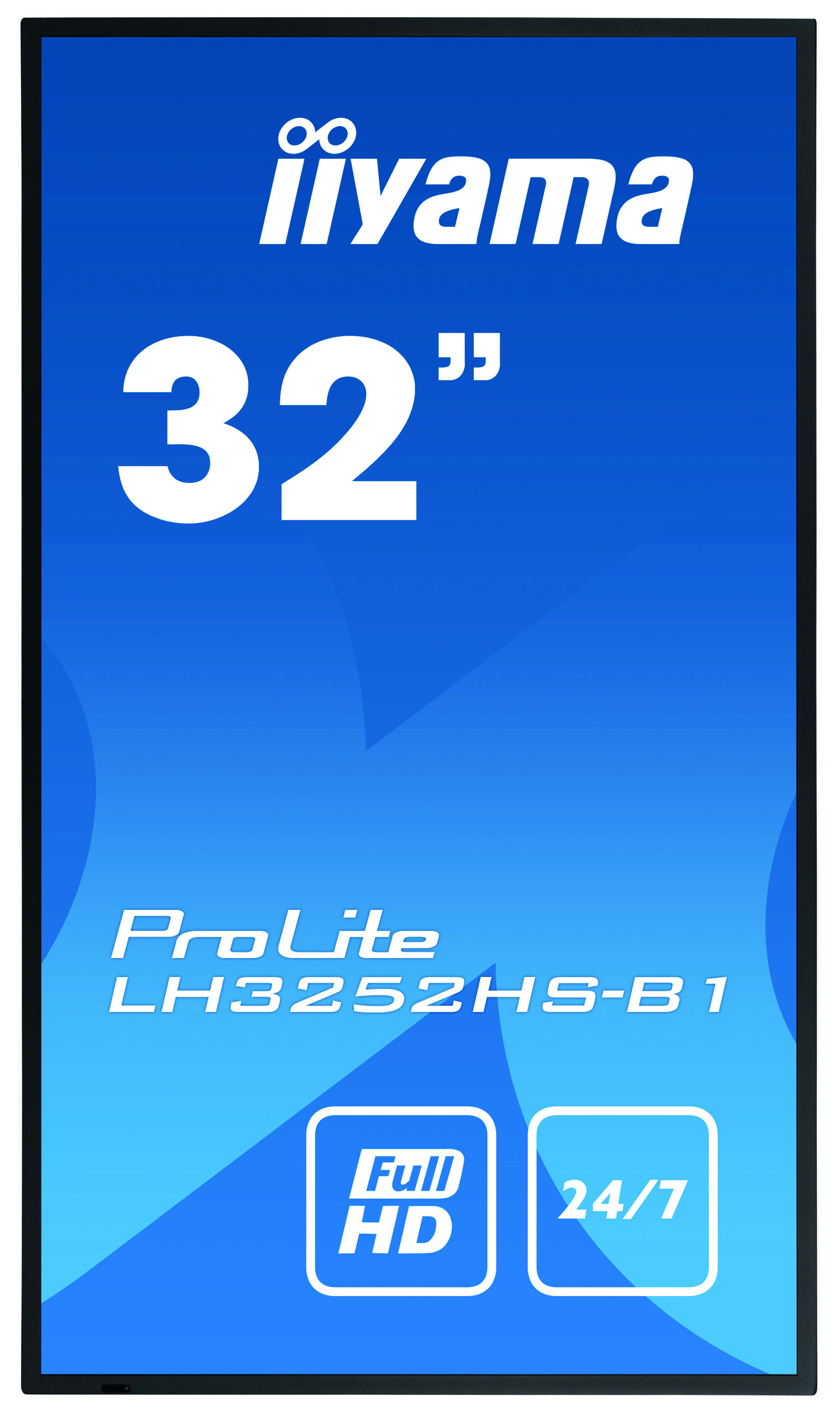 Ein 32-Zoll iiyama ProLite Full HD Monitor mit blauem Hintergrund und Produktinformationen.