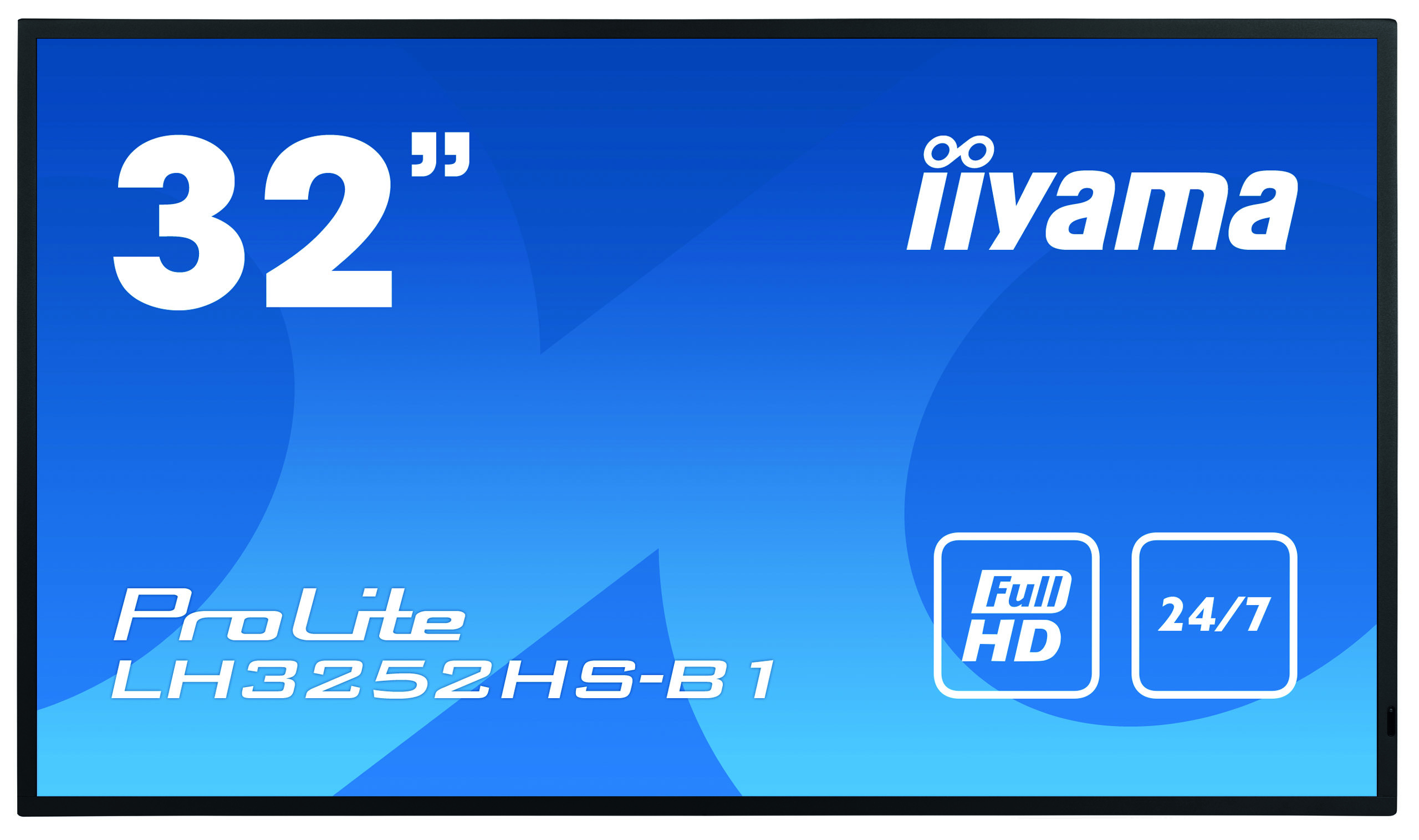Ein 32-Zoll-iiyama ProLite-Monitor, blauer Hintergrund, mit Full HD- und 24/7-Logos.