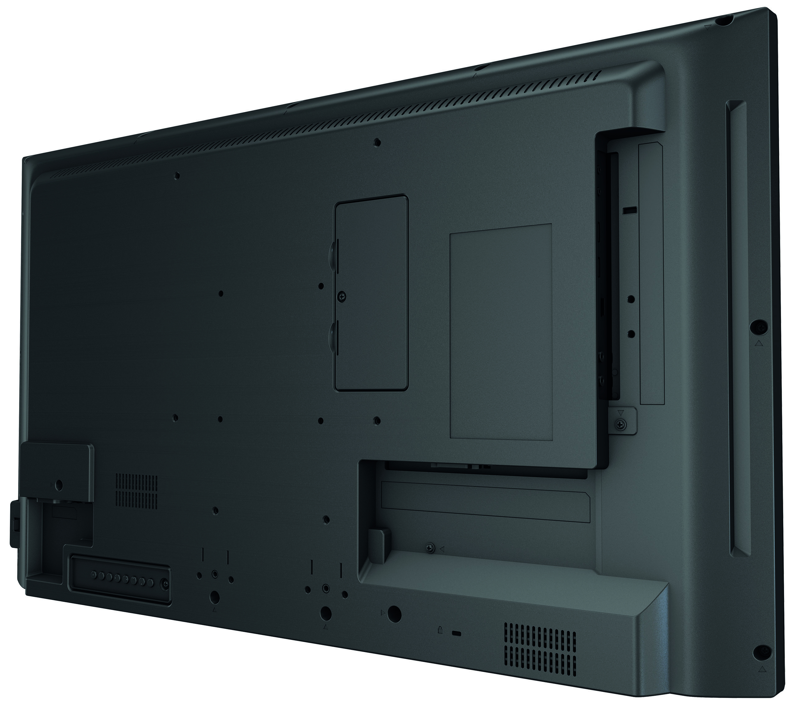 Rückseite eines Monitors. Schwarz mit komplexem Design, Anschlüsse sichtbar. Winkelansicht. Dunkelgrau.