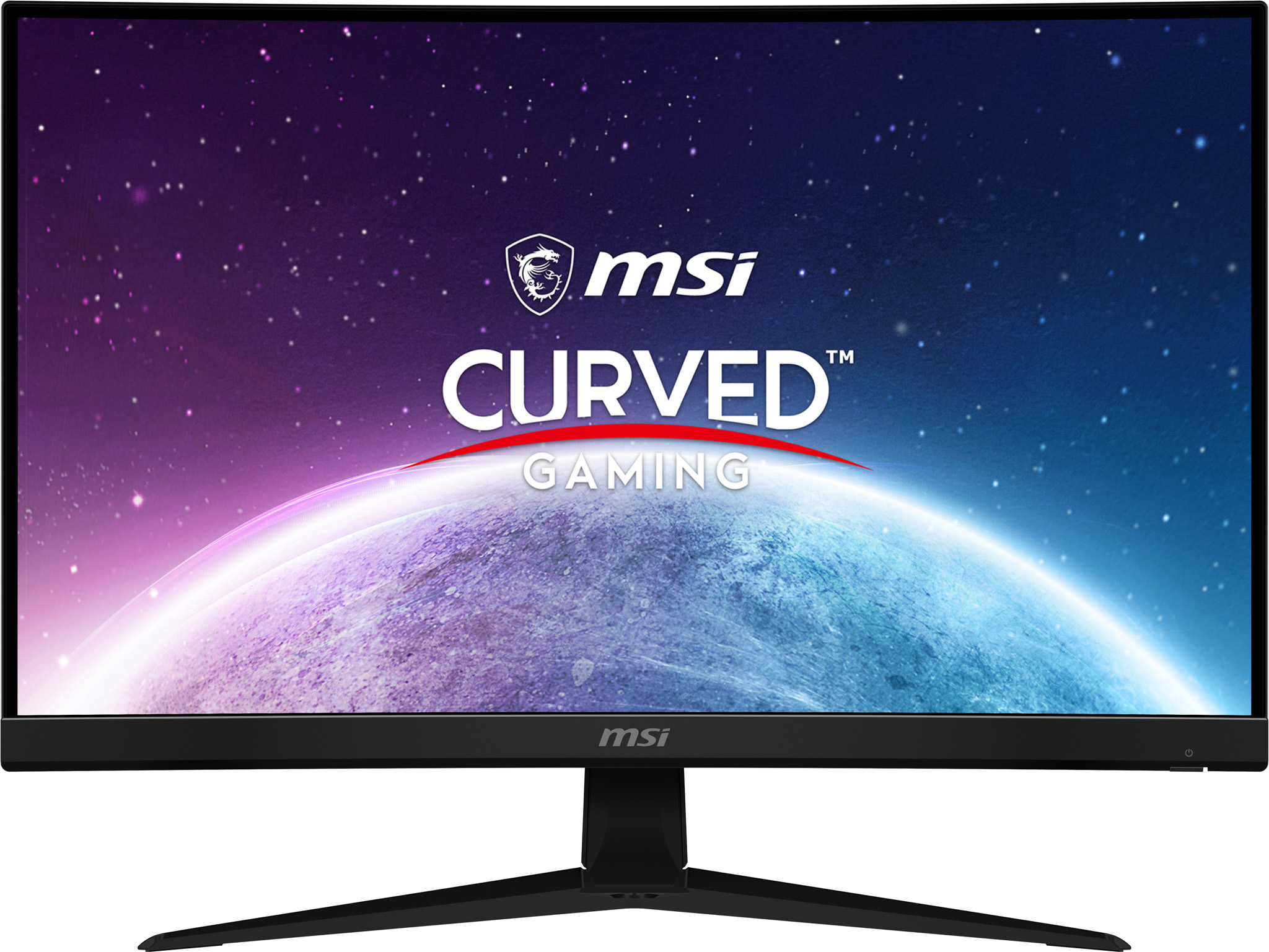 Un monitor gaming curvo MSI mostra una grafica a tema spaziale.