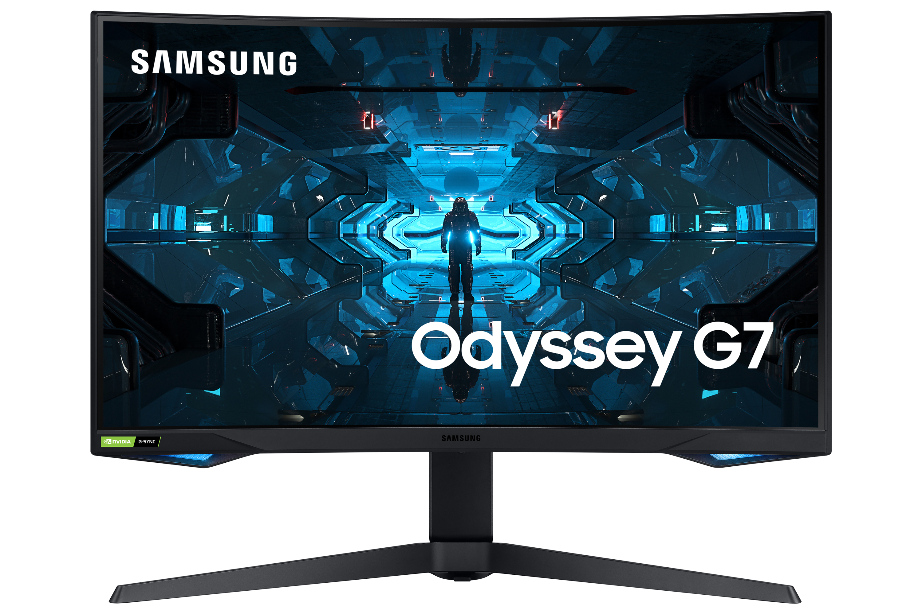 Un monitor curvo Samsung Odyssey G7 che mostra una scena futuristica con una figura al centro.