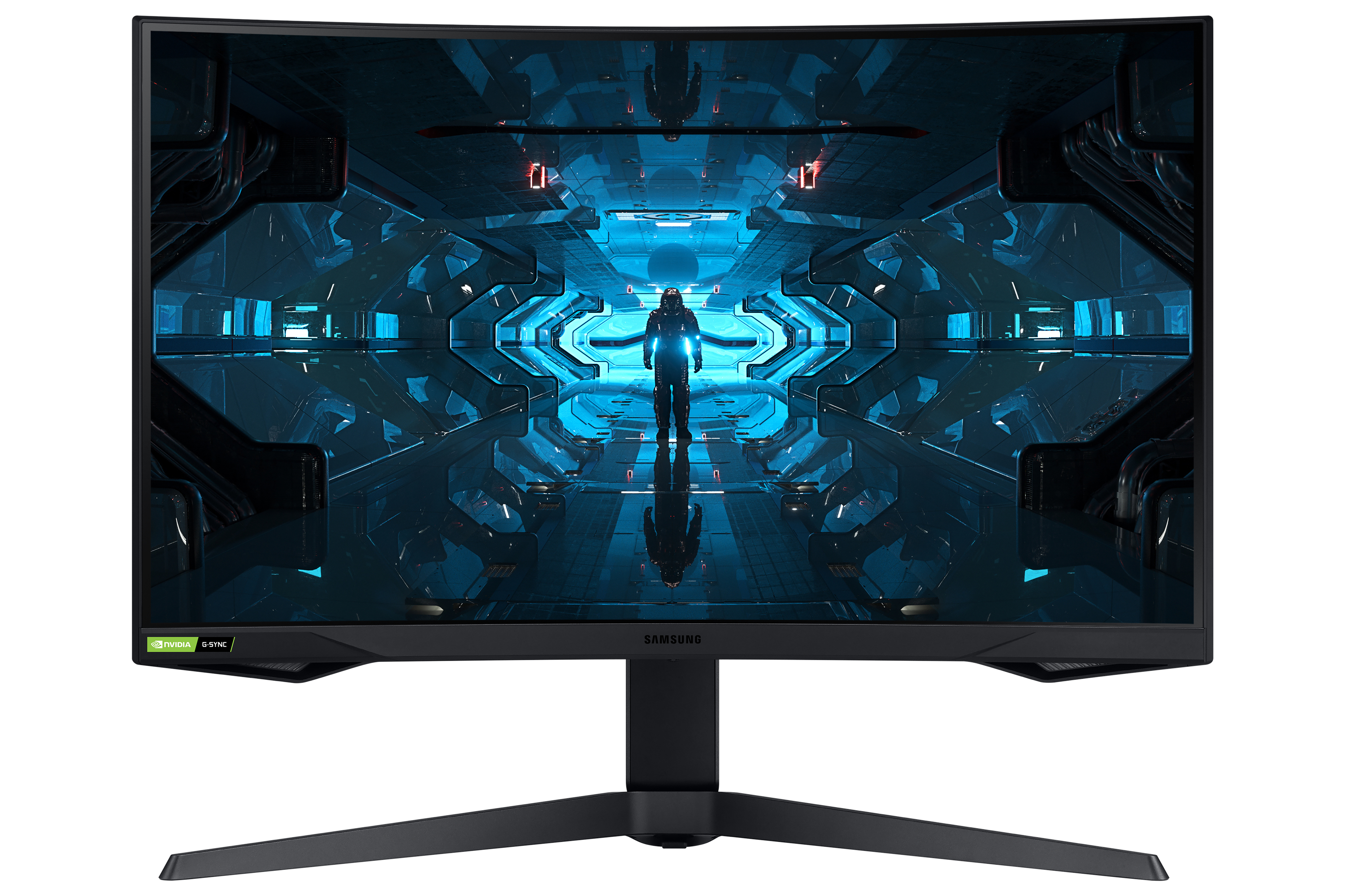 Il monitor Samsung curvo mostra una scena futuristica. Il monitor ha un supporto nero.