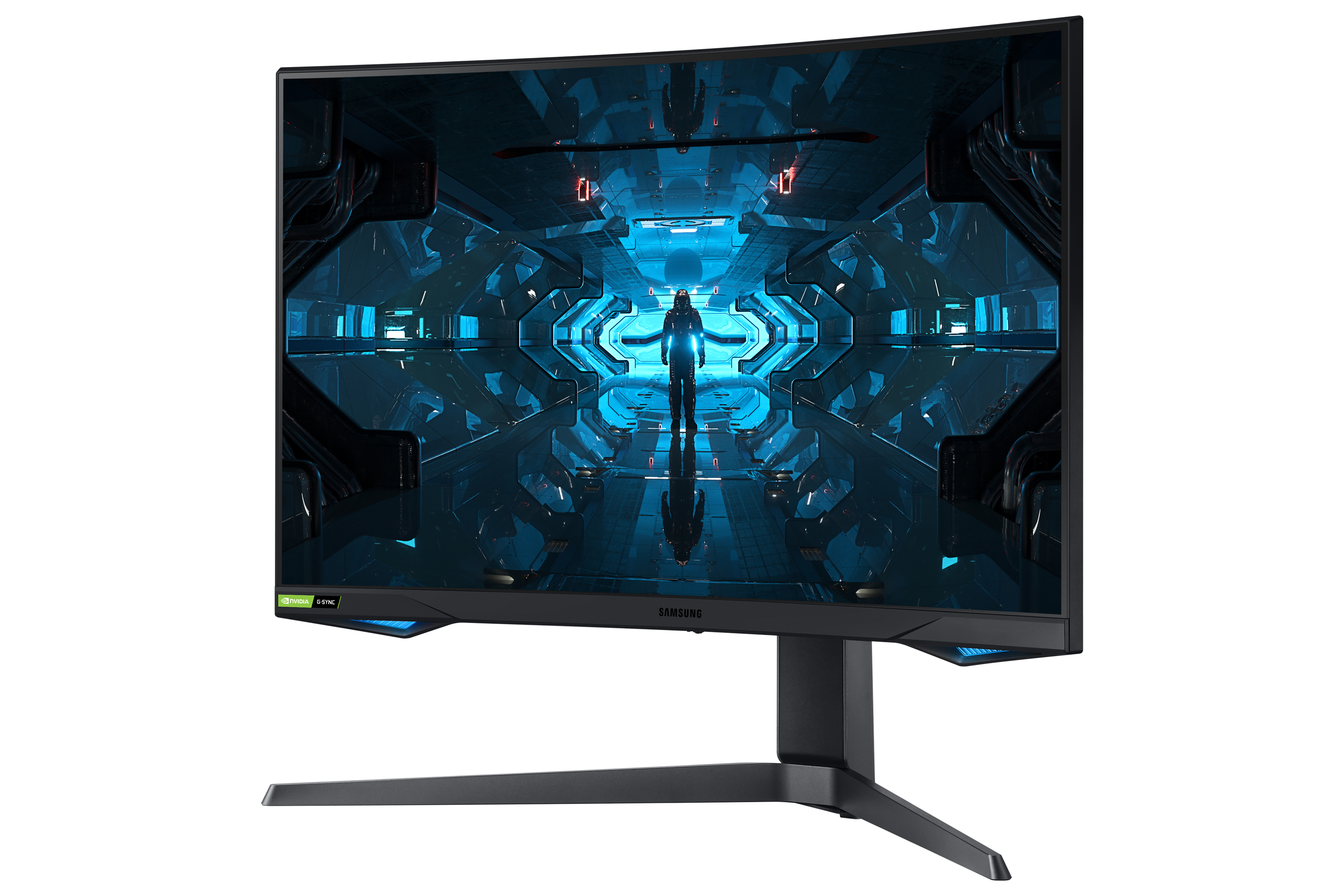 Monitor curvo Samsung gaming che mostra una scena fantascientifica futuristica con una figura in un corridoio.