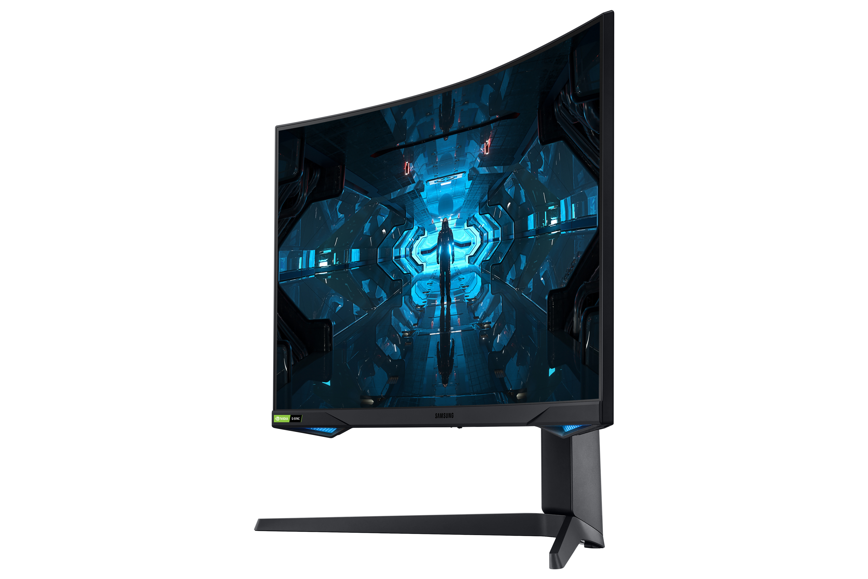 Monitor Samsung curvo mostra una scena di tunnel futuristica illuminata in blu con supporto nero.