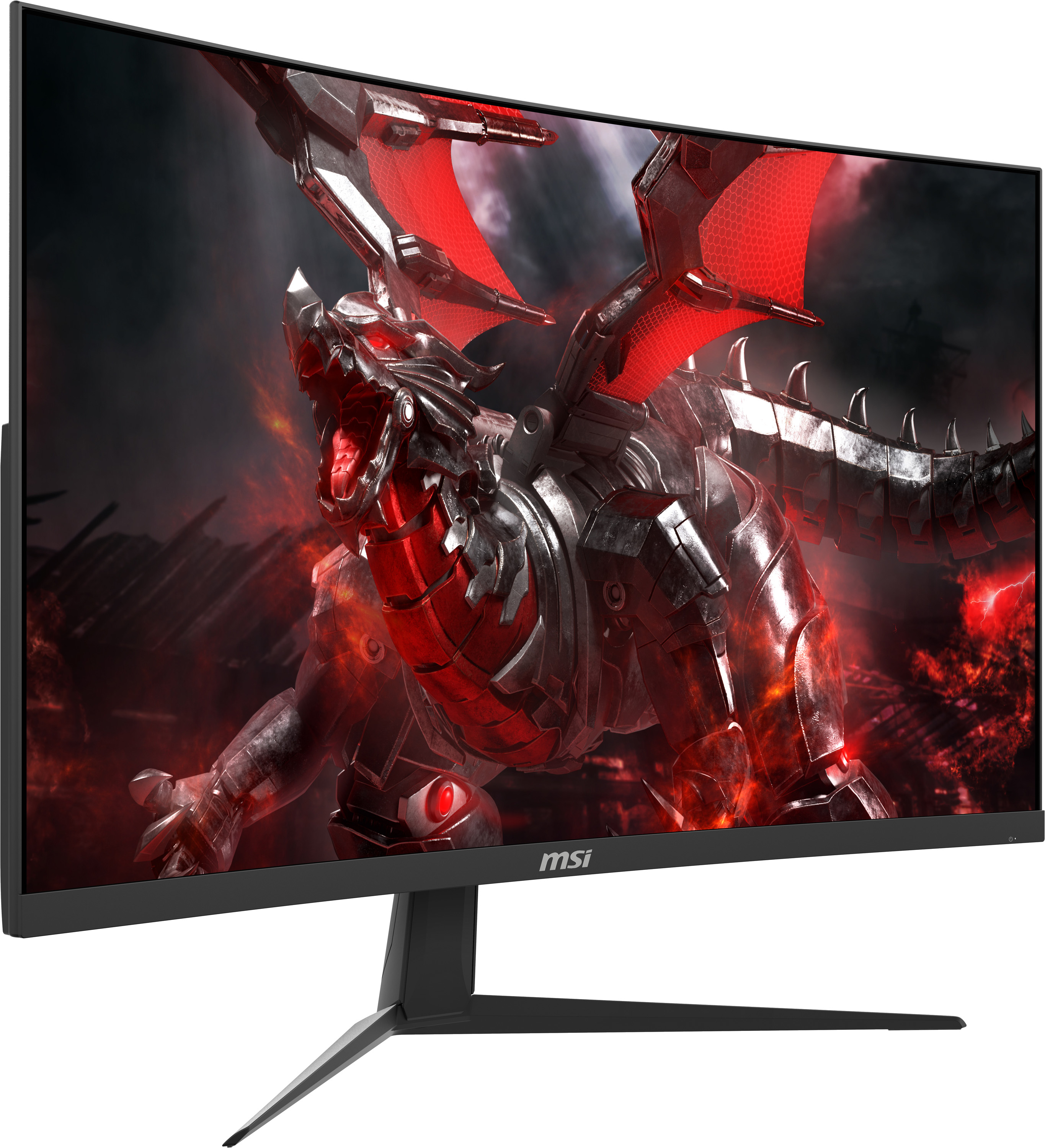 Monitor MSI curvo mostra un drago con ali rosse in una scena infuocata.