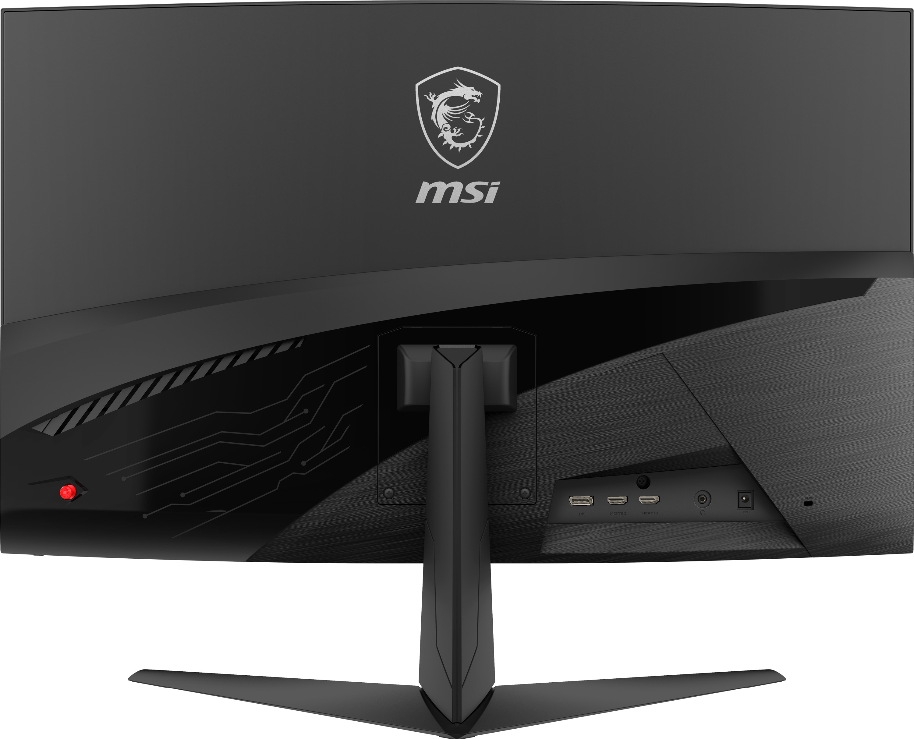 Retro di un monitor MSI. Logo MSI e design curvo. Colore nero.