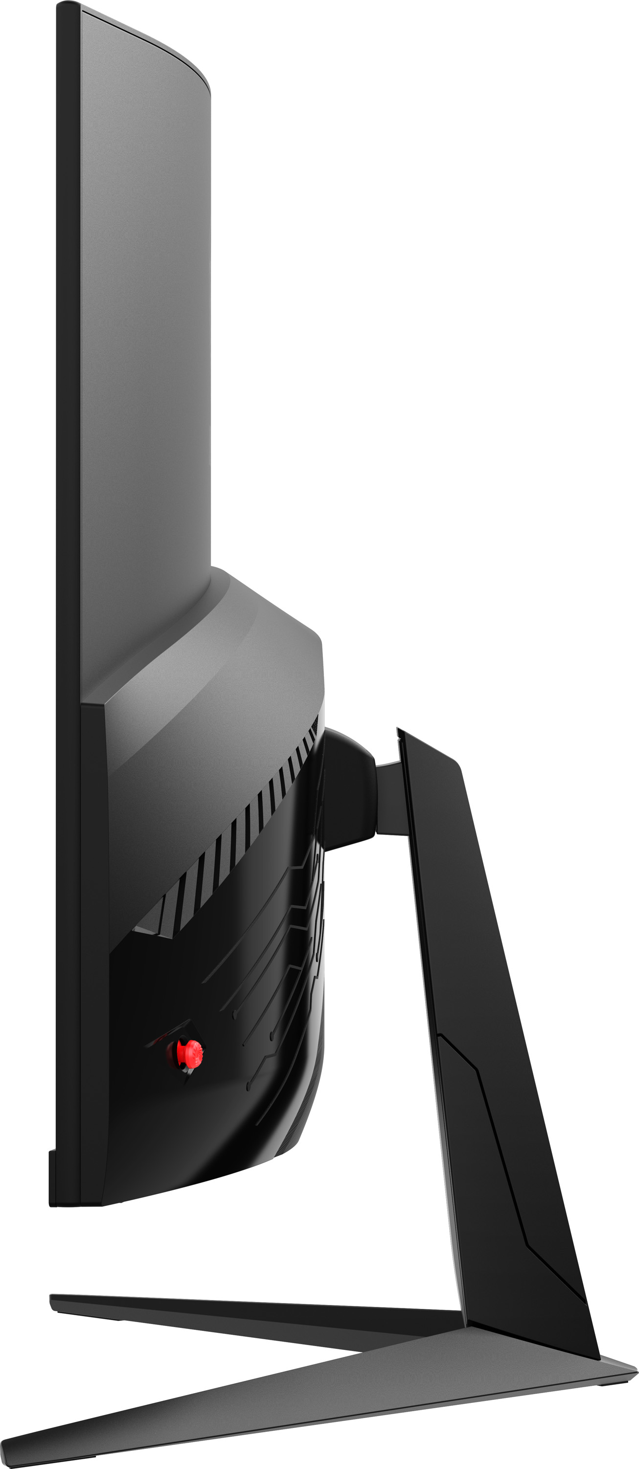 Profilo laterale monitor nero, pulsante rosso, prese d'aria e supporto nero.