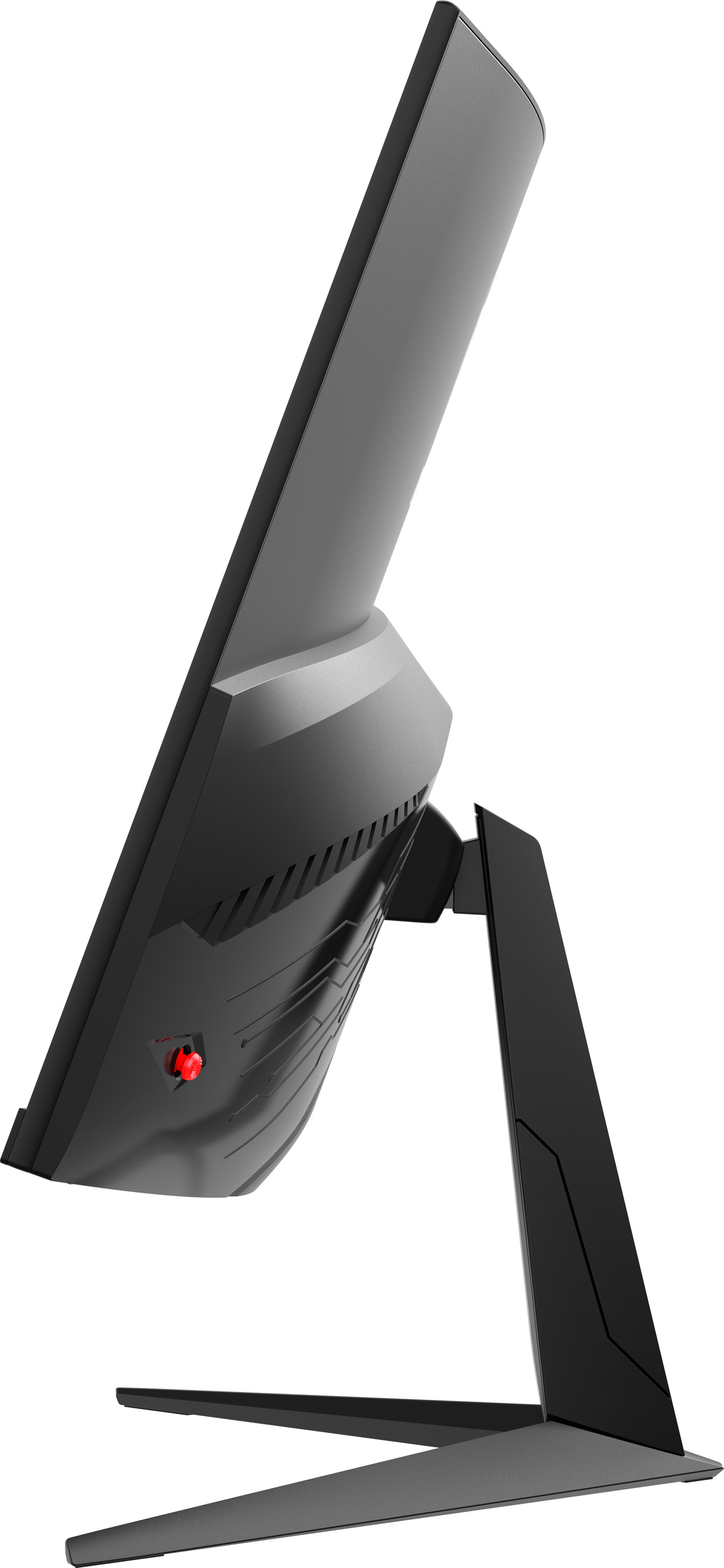 Una vista laterale di un monitor nero con un pulsante di accensione rosso sul retro. Anche il supporto è nero.