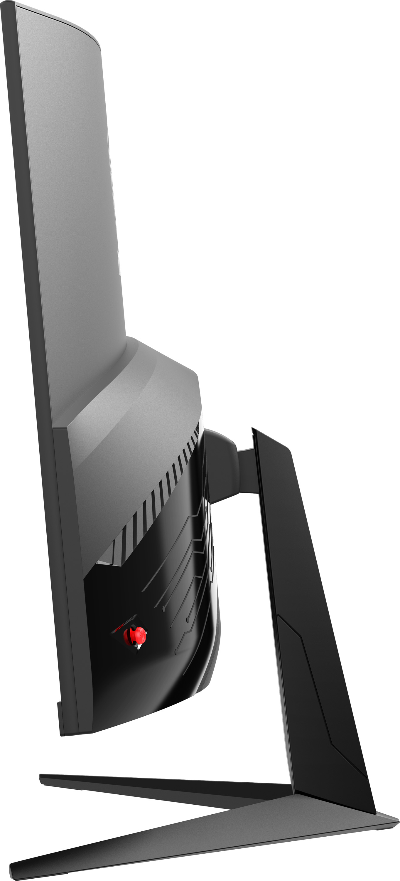 Vista laterale di un monitor grigio, supporto nero e pulsante di accensione rosso.