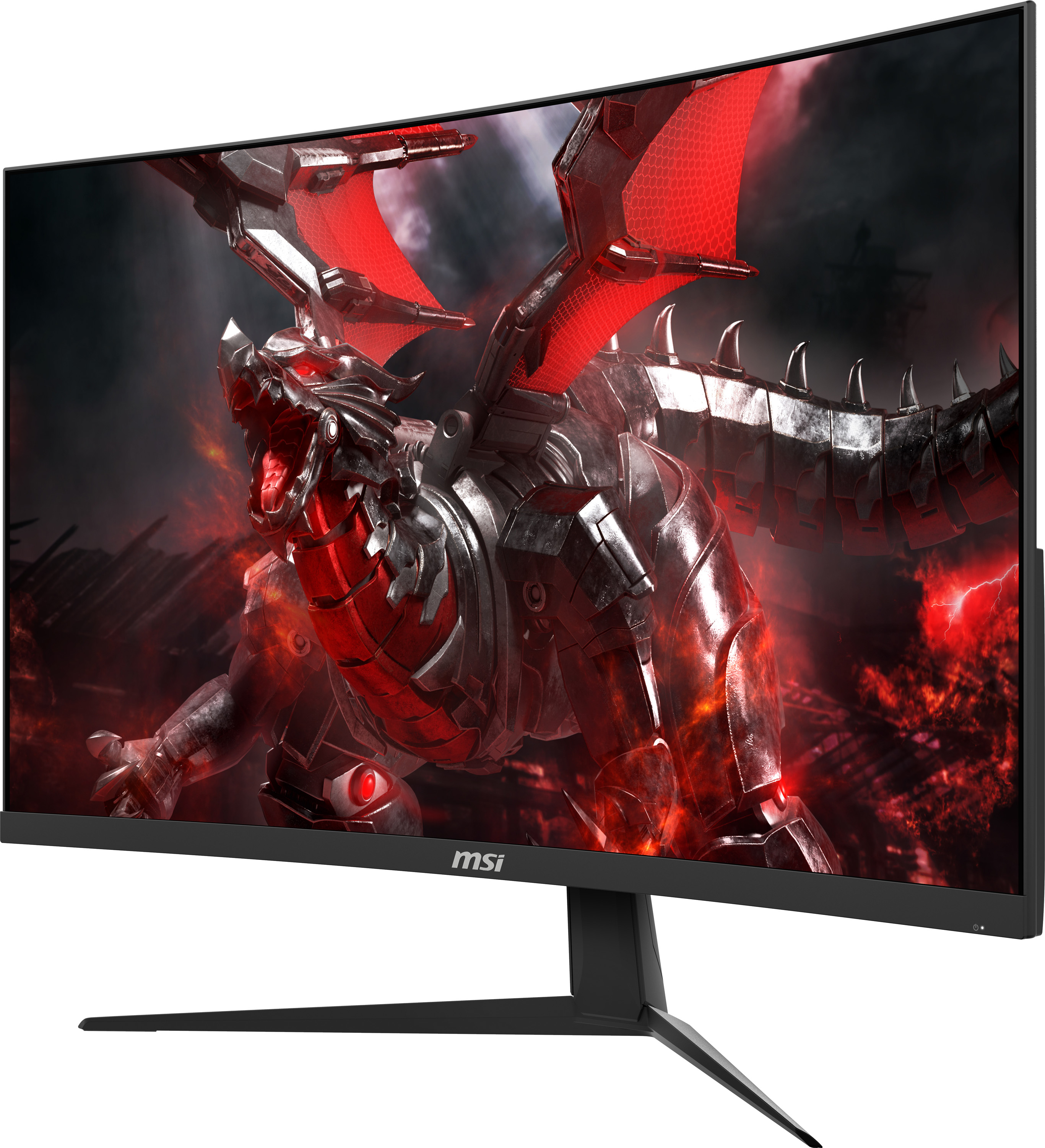 Monitor MSI curvo che mostra un drago con ali rosse su sfondo infuocato.