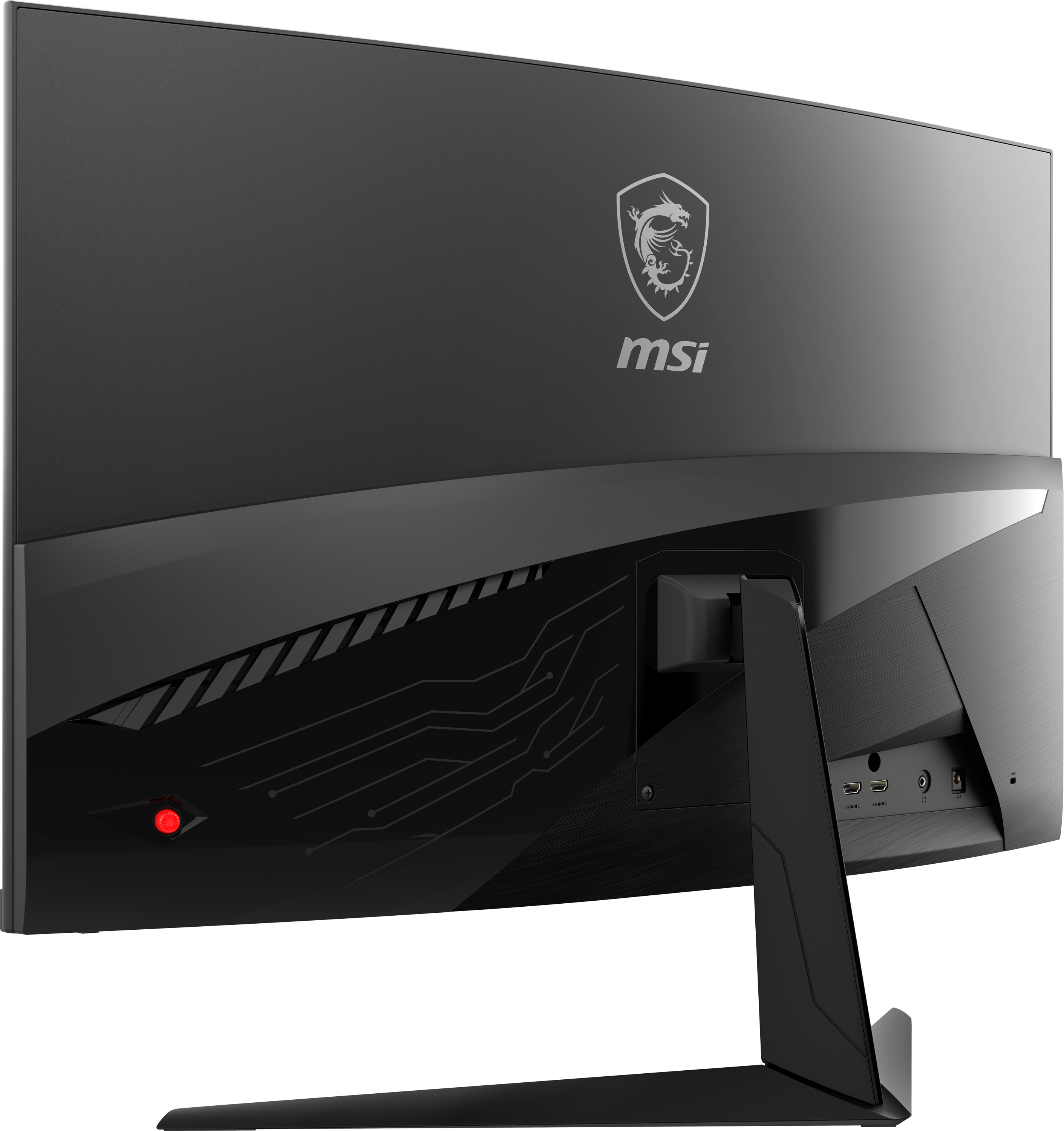Retro di un monitor MSI nero con logo e porte, sfondo bianco.