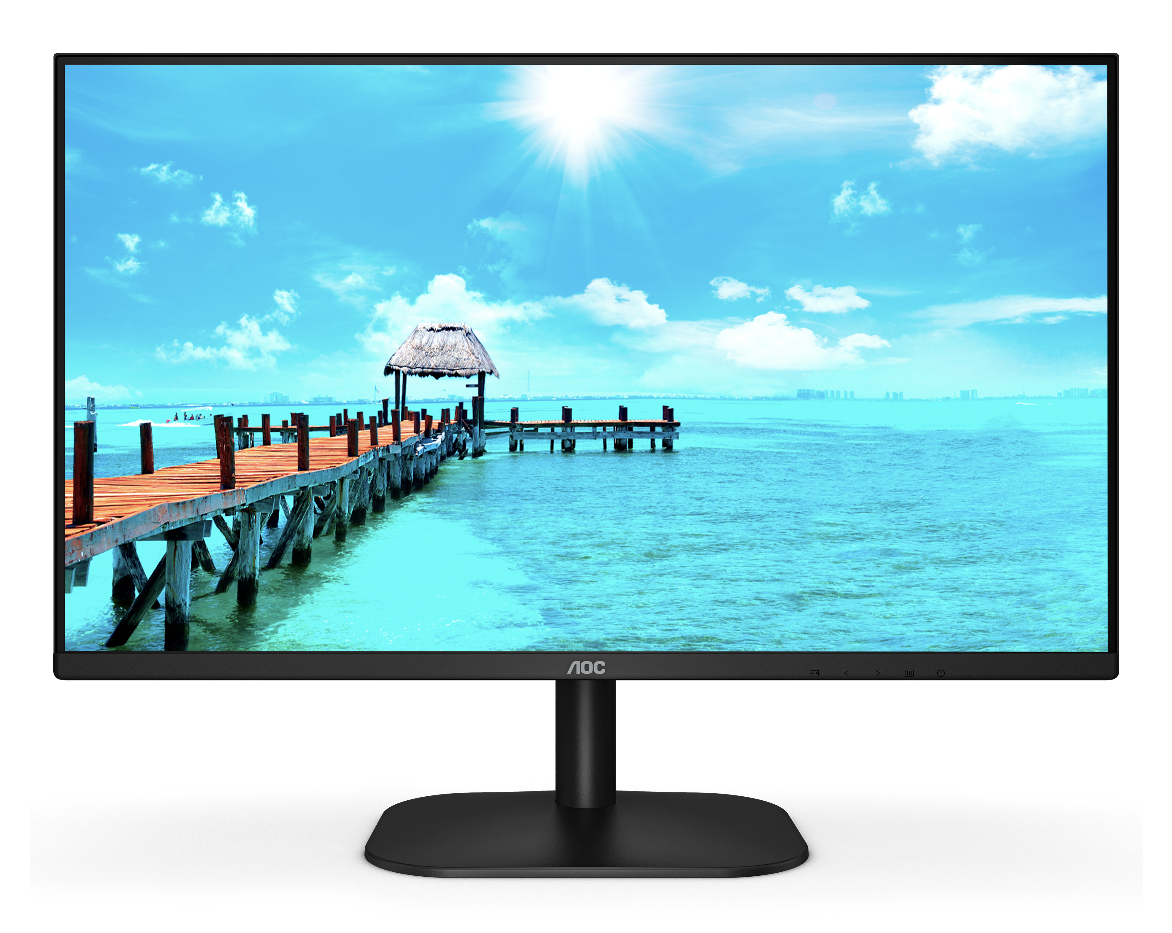Monitor displaying a sunny beach scene with a pier and blue water.