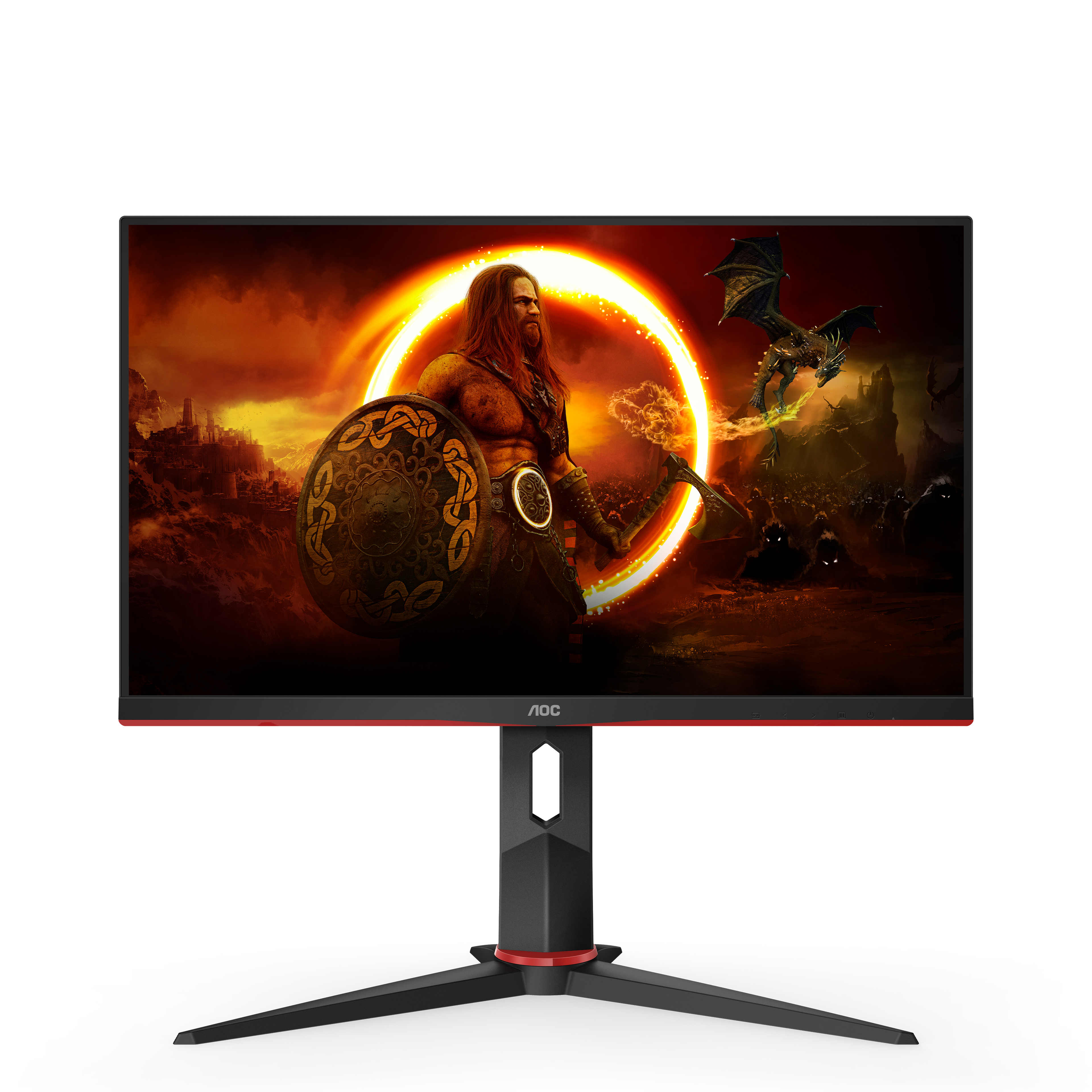 Monitor AOC con immagine di guerriero vichingo sullo schermo, dettagli rossi e supporto nero.