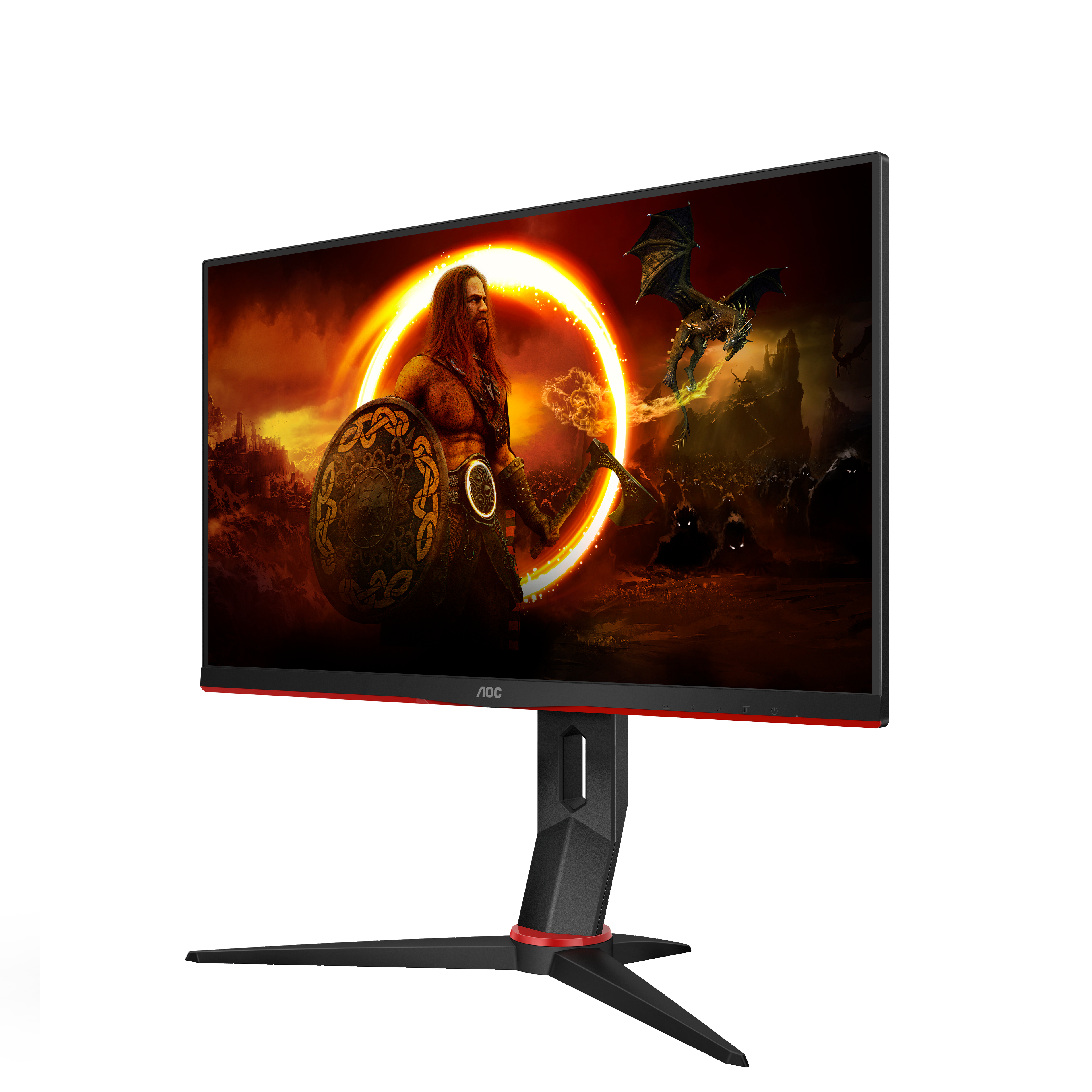 Monitor da gioco con una scena fantasy con un guerriero e un drago.