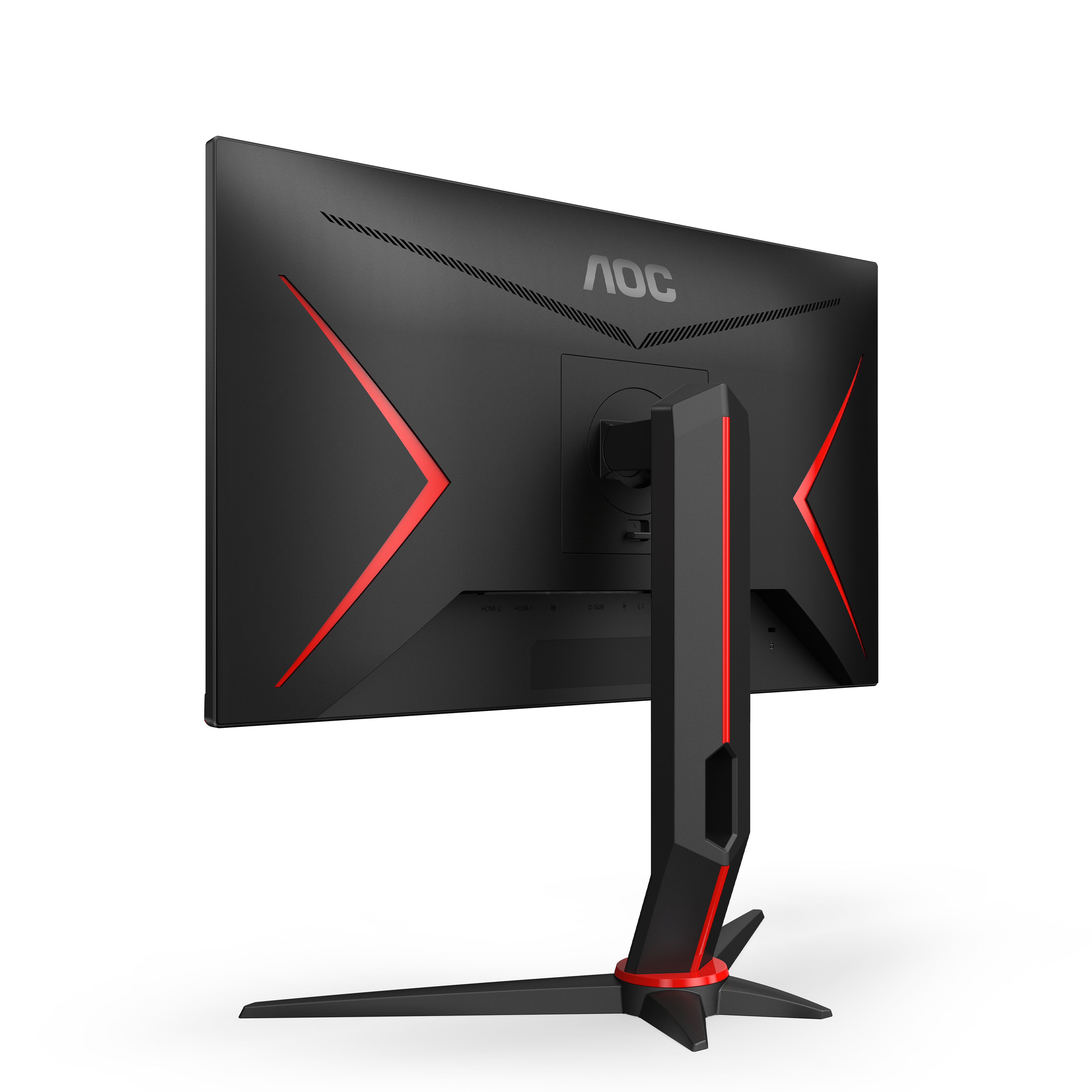 Il retro di un monitor AOC con elementi di design rossi e supporto nero.
